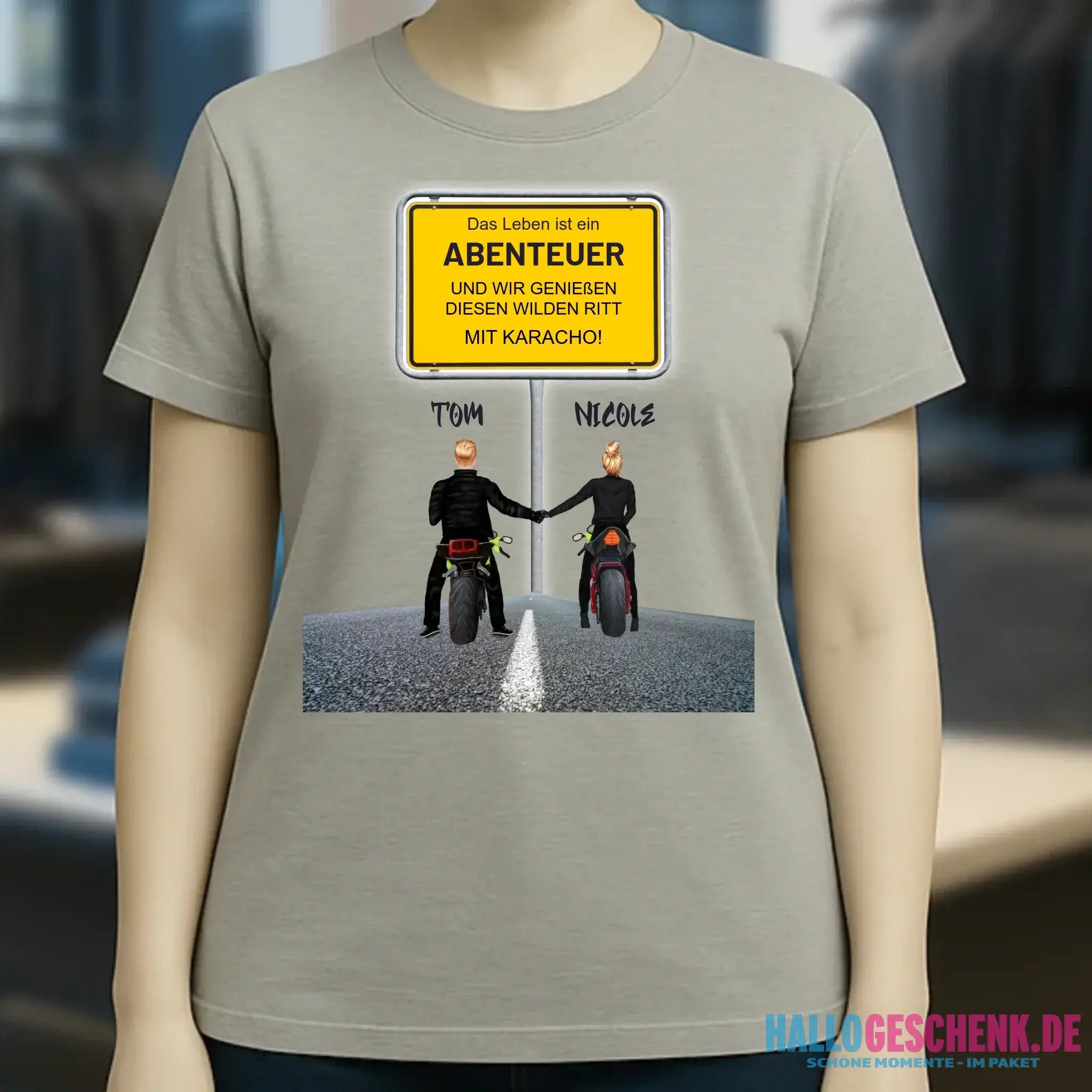 Ortsschild-Designer mit Motorrad-Couple • Ladies Premium T-Shirt XS-2XL aus Bio-Baumwolle für Damen