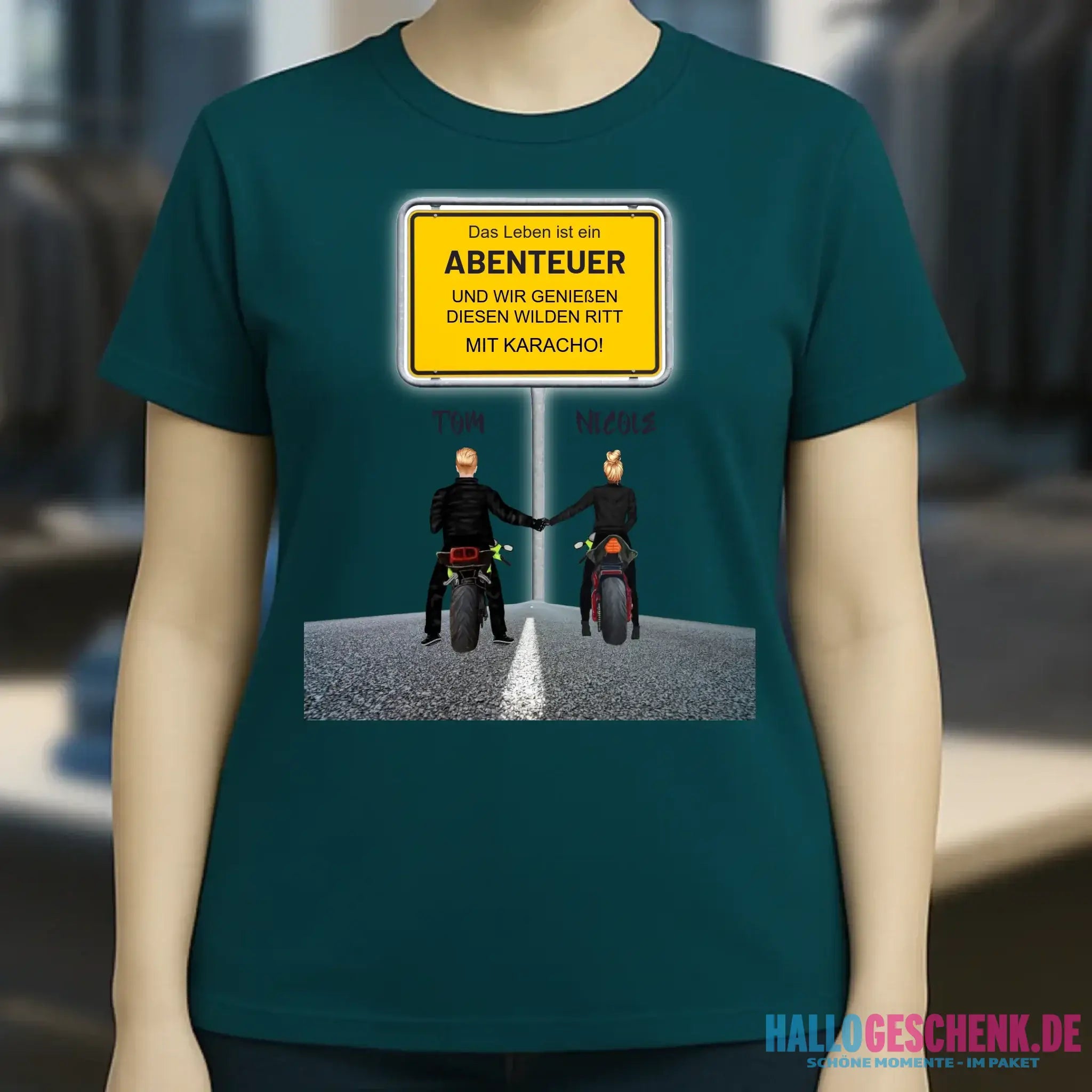 Ortsschild-Designer mit Motorrad-Couple • Ladies Premium T-Shirt XS-2XL aus Bio-Baumwolle für Damen