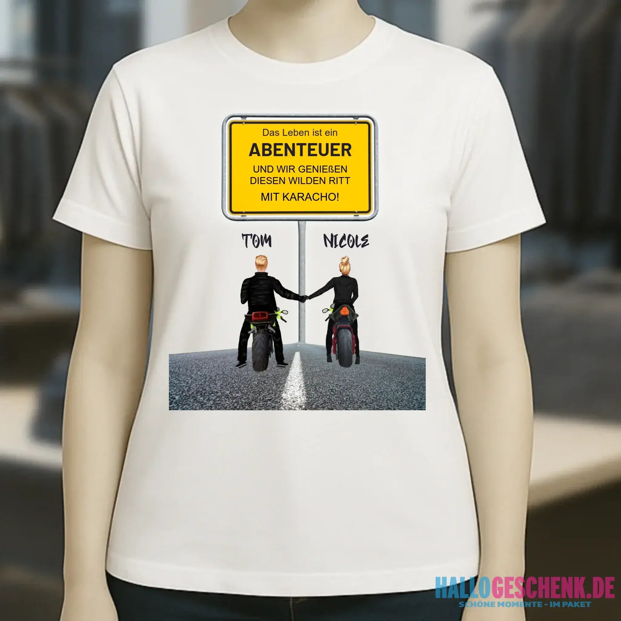 Ortsschild-Designer mit Motorrad-Couple • Ladies Premium T-Shirt XS-2XL aus Bio-Baumwolle für Damen