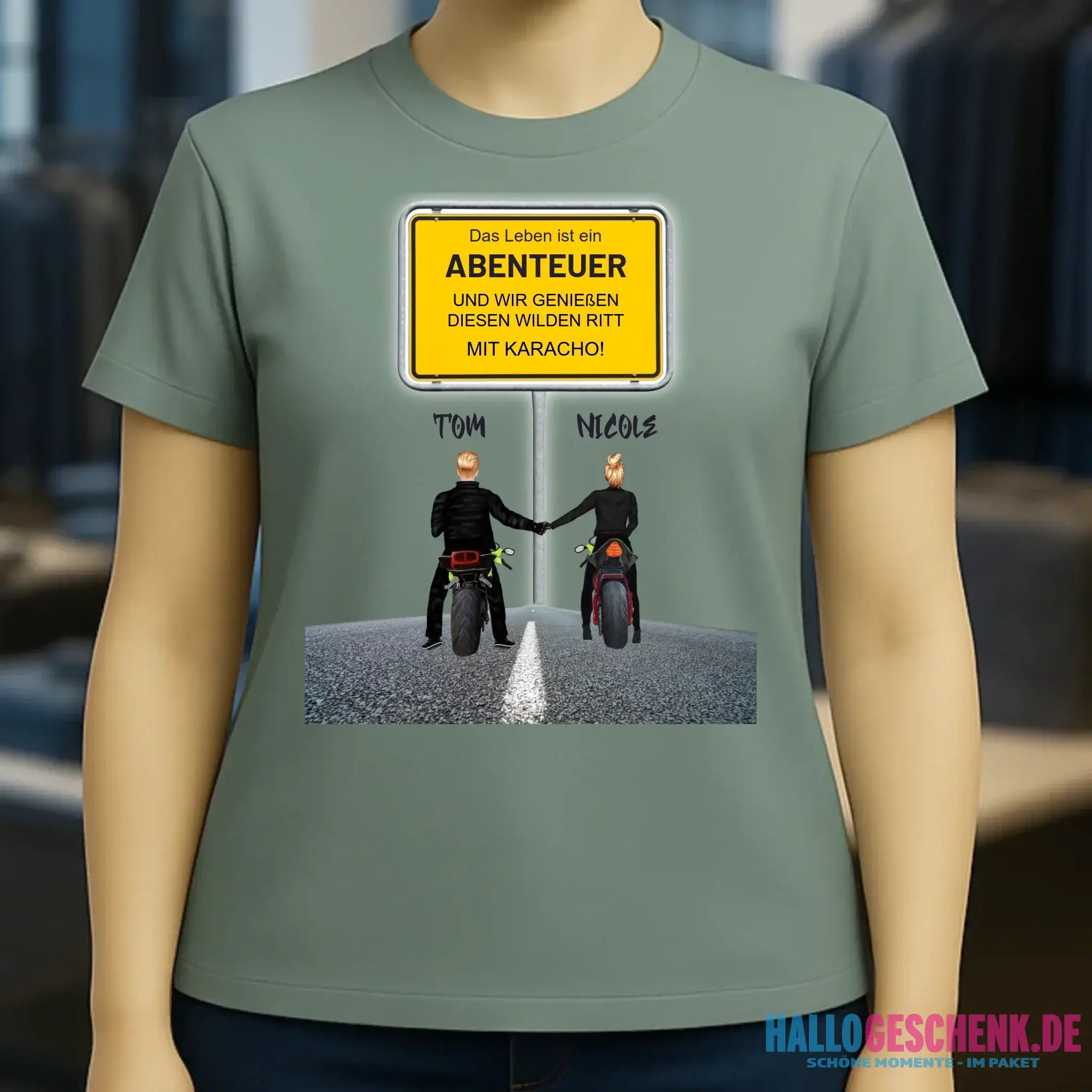 Ortsschild-Designer mit Motorrad-Couple • Ladies Premium T-Shirt XS-2XL aus Bio-Baumwolle für Damen