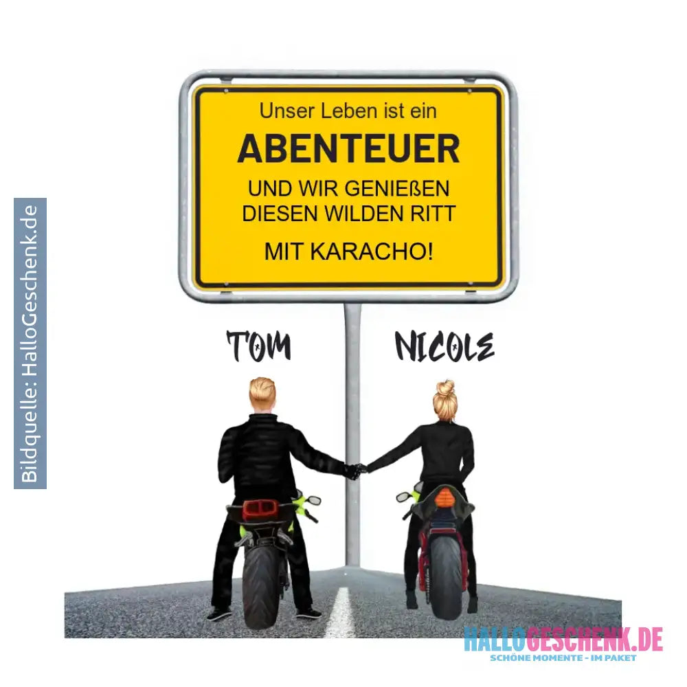 Ortsschild-Designer mit Motorrad-Couple • STICKER 20x20 cm (Aufkleber) - White / OneSize / ausgestanzter Sticker 20x20