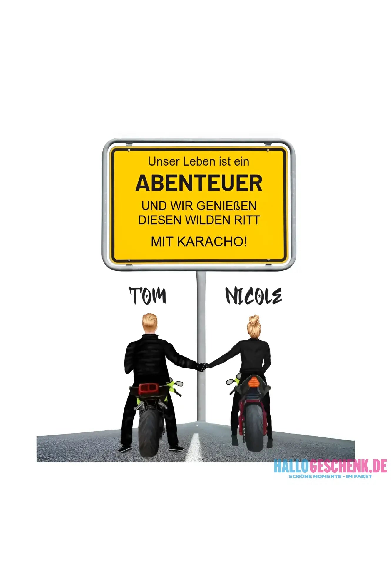 Ortsschild-Designer mit Motorrad-Couple • STICKER 20x20 cm (Aufkleber) - White / OneSize / ausgestanzter Sticker 20x20