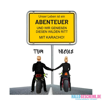 Ortsschild-Designer mit Motorrad-Couple • STICKER 20x20 cm (Aufkleber) - White / OneSize / ausgestanzter Sticker 20x20