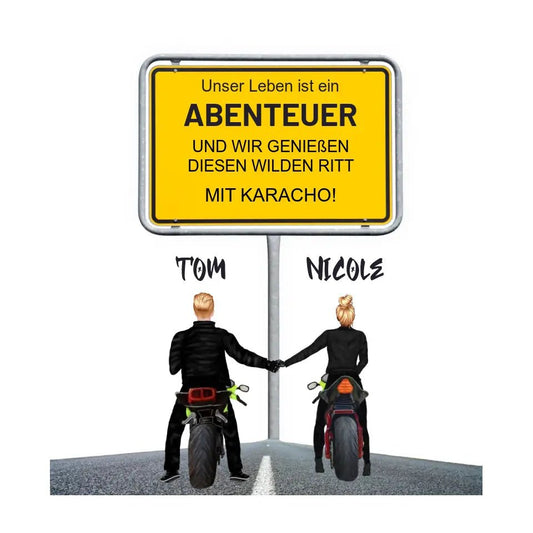 Ortsschild - Designer mit Motorrad - Couple • STICKER 20x20 cm (Aufkleber) - HalloGeschenk.de #geschenkideen# #personalisiert# #geschenk#