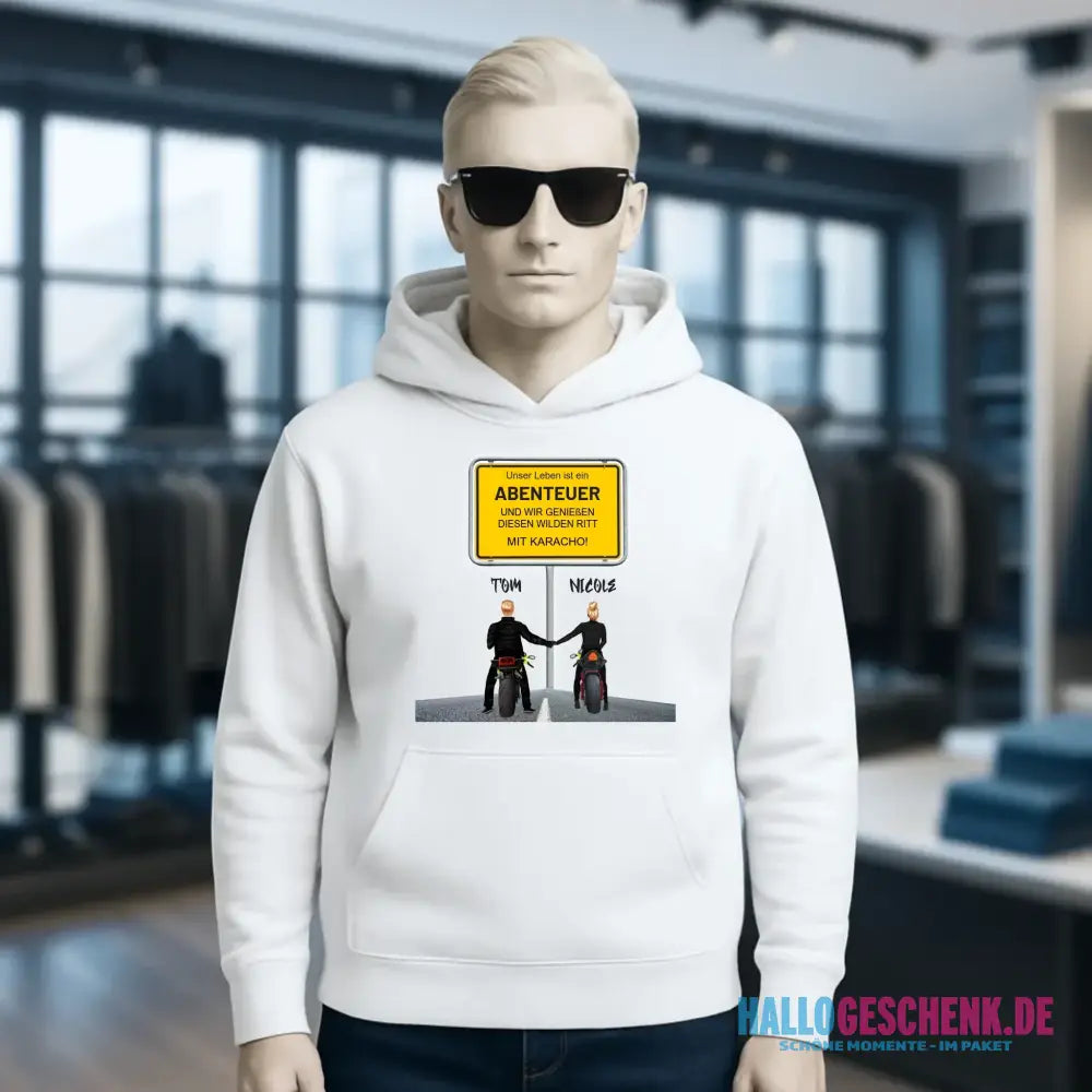 Ortsschild-Designer mit Motorrad-Couple • Unisex Premium Hoodie XS-5XL aus Bio-Baumwolle für Damen & Herren