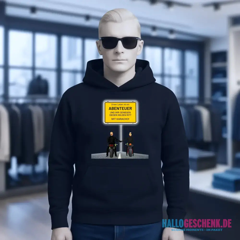 Ortsschild-Designer mit Motorrad-Couple • Unisex Premium Hoodie XS-5XL aus Bio-Baumwolle für Damen & Herren