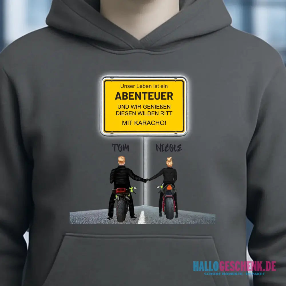 Ortsschild-Designer mit Motorrad-Couple • Unisex Premium Hoodie XS-5XL aus Bio-Baumwolle für Damen & Herren