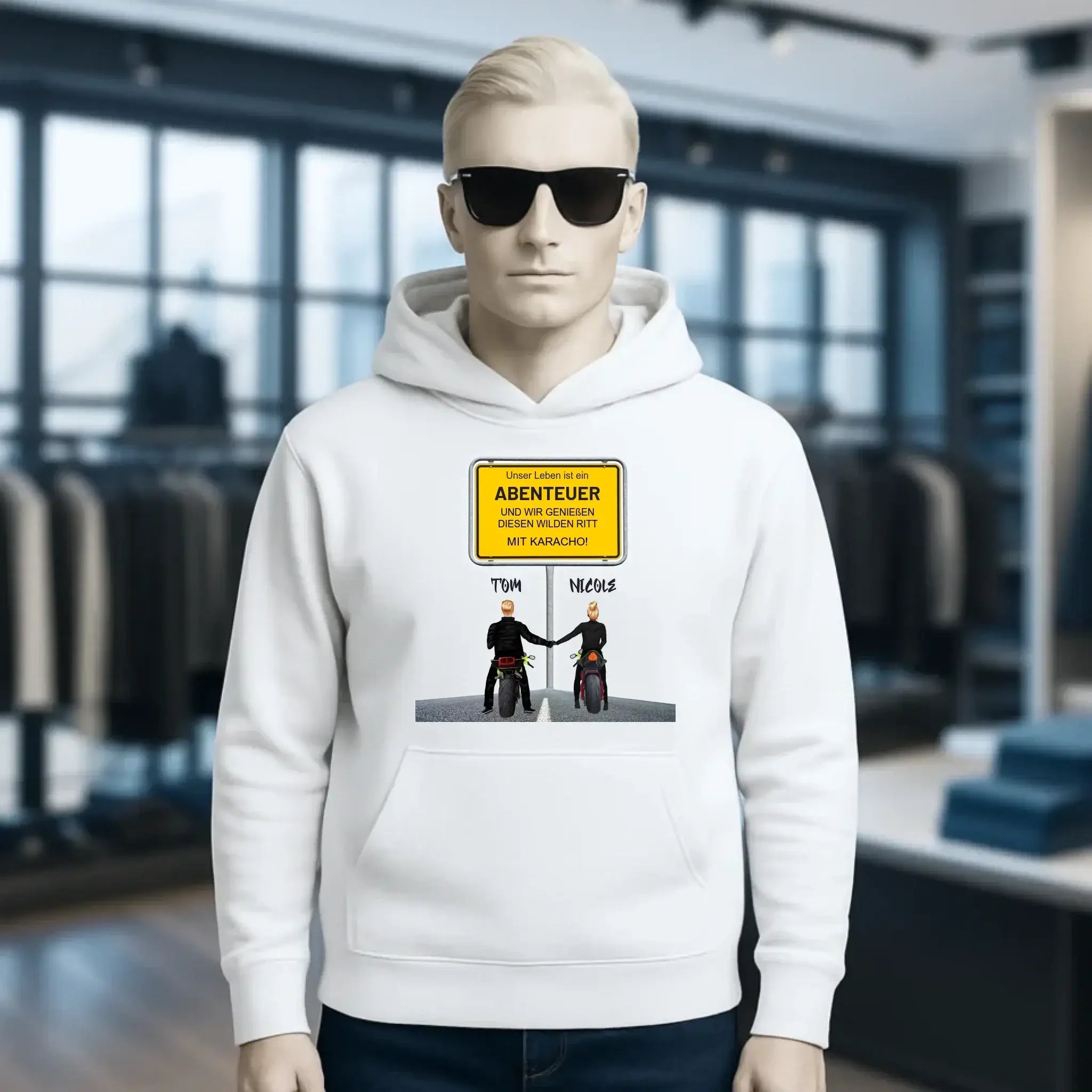 Ortsschild-Designer mit Motorrad-Couple • Unisex Premium Hoodie XS-5XL aus Bio-Baumwolle für Damen & Herren