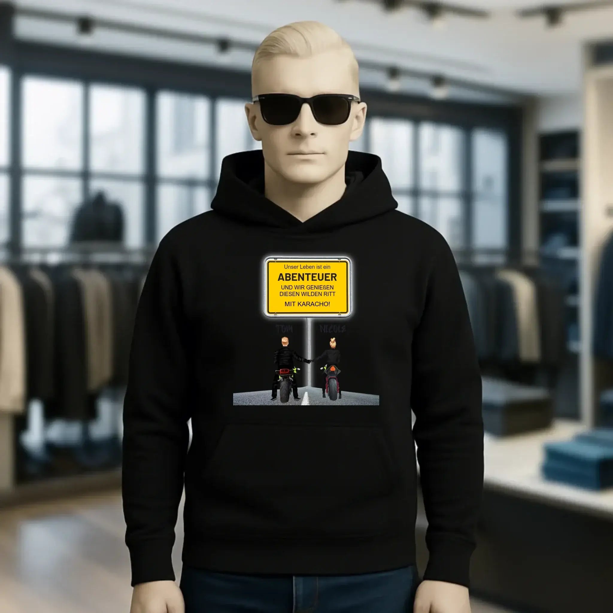 Ortsschild-Designer mit Motorrad-Couple • Unisex Premium Hoodie XS-5XL aus Bio-Baumwolle für Damen & Herren