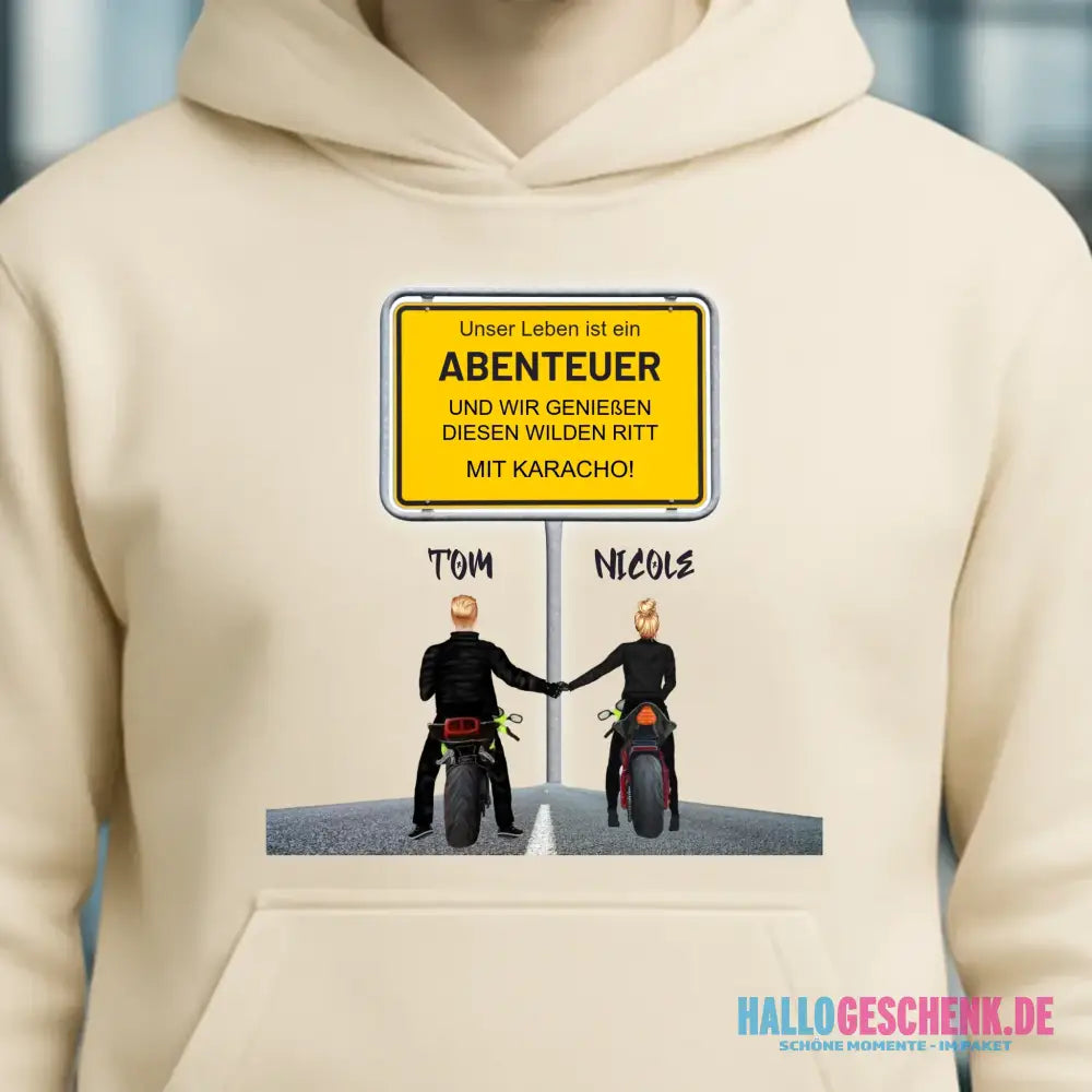 Ortsschild-Designer mit Motorrad-Couple • Unisex Premium Hoodie XS-5XL aus Bio-Baumwolle für Damen & Herren