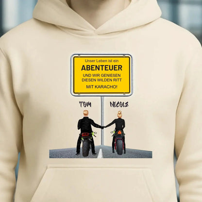 Ortsschild-Designer mit Motorrad-Couple • Unisex Premium Hoodie XS-5XL aus Bio-Baumwolle für Damen & Herren