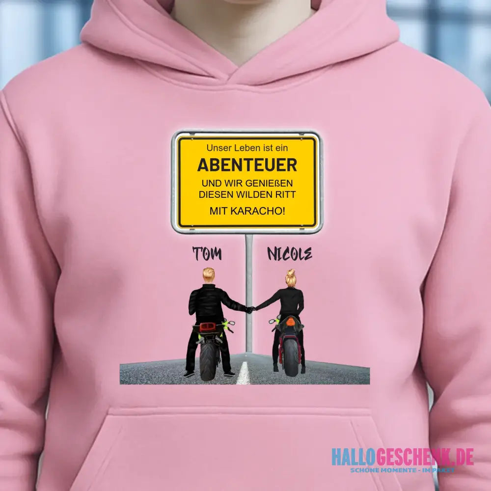 Ortsschild-Designer mit Motorrad-Couple • Unisex Premium Hoodie XS-5XL aus Bio-Baumwolle für Damen & Herren