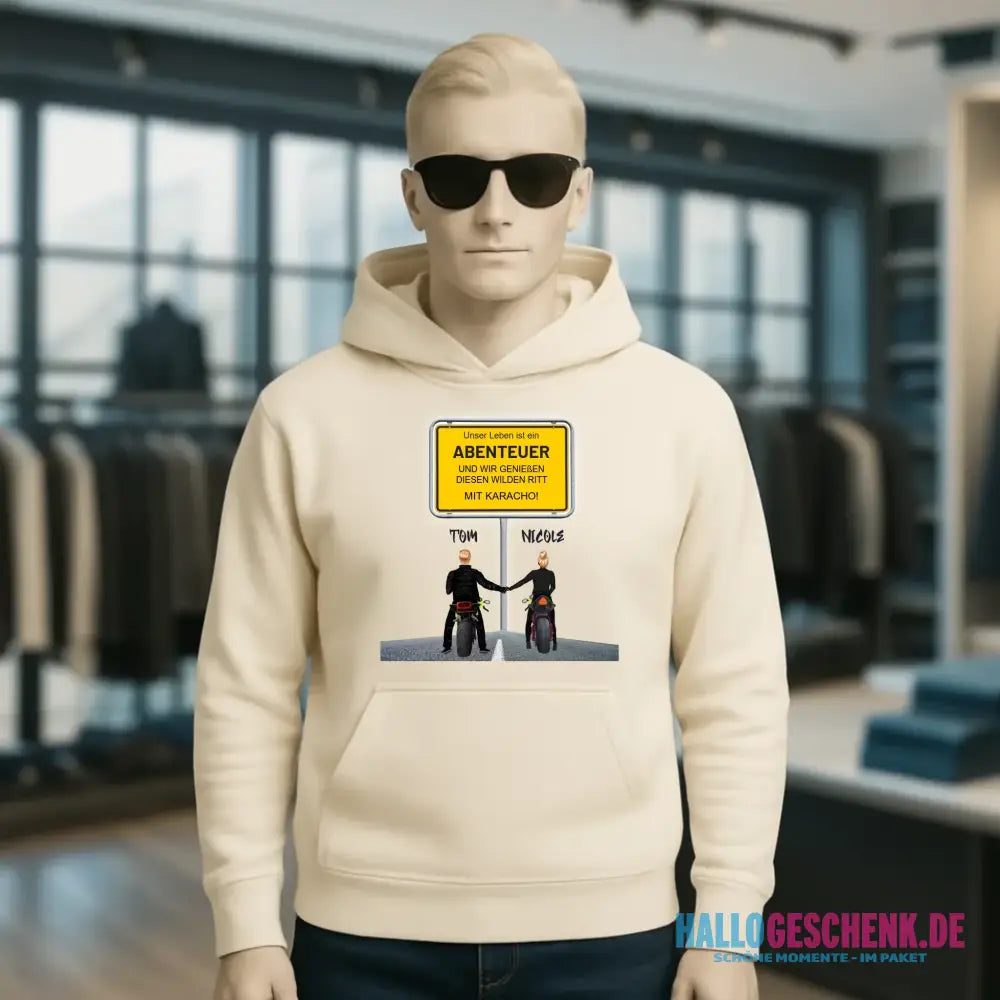 Ortsschild-Designer mit Motorrad-Couple • Unisex Premium Hoodie XS-5XL aus Bio-Baumwolle für Damen & Herren