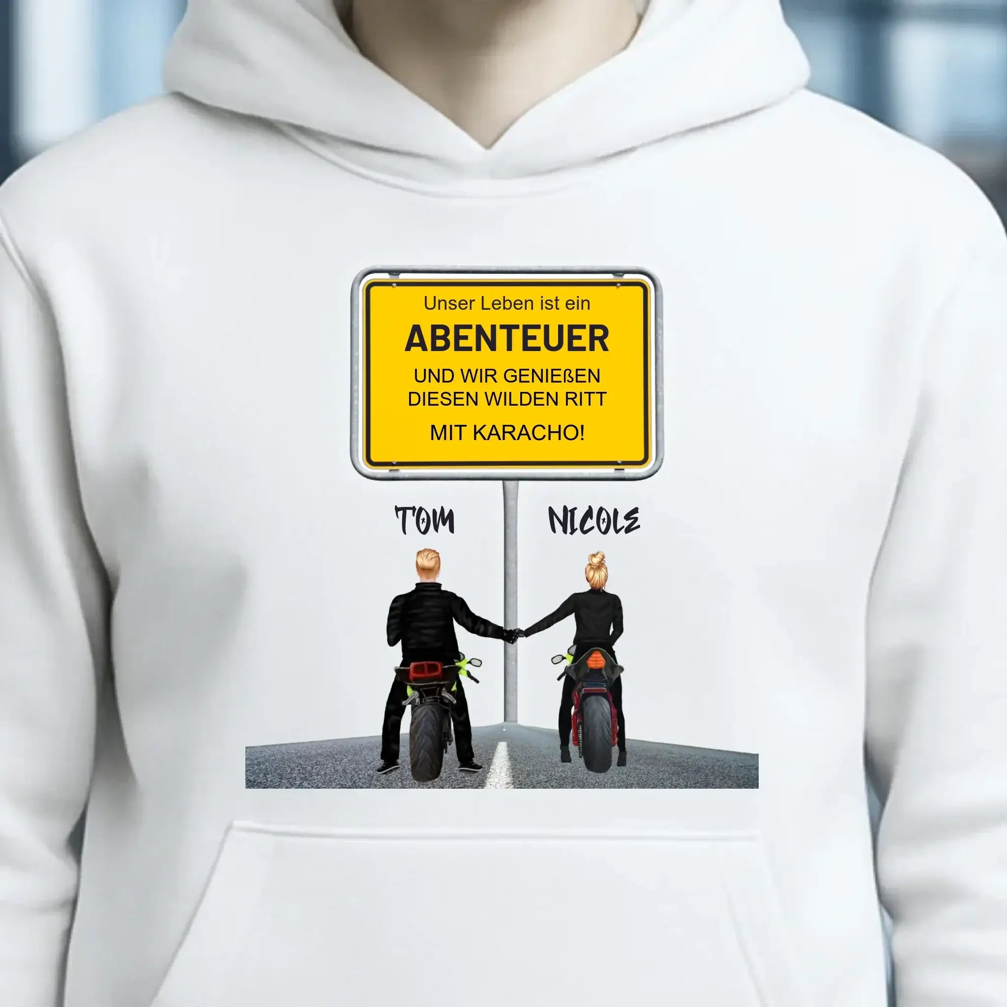 Ortsschild-Designer mit Motorrad-Couple • Unisex Premium Hoodie XS-5XL aus Bio-Baumwolle für Damen & Herren