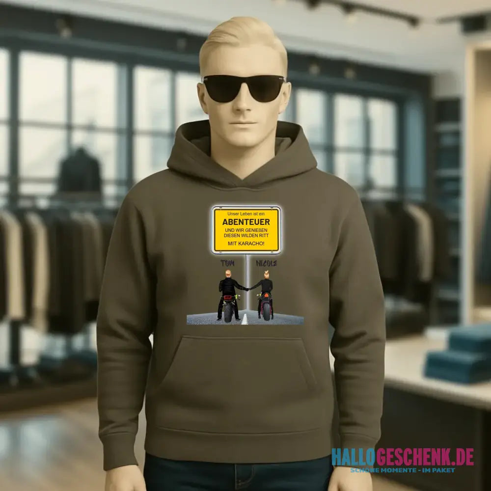 Ortsschild-Designer mit Motorrad-Couple • Unisex Premium Hoodie XS-5XL aus Bio-Baumwolle für Damen & Herren