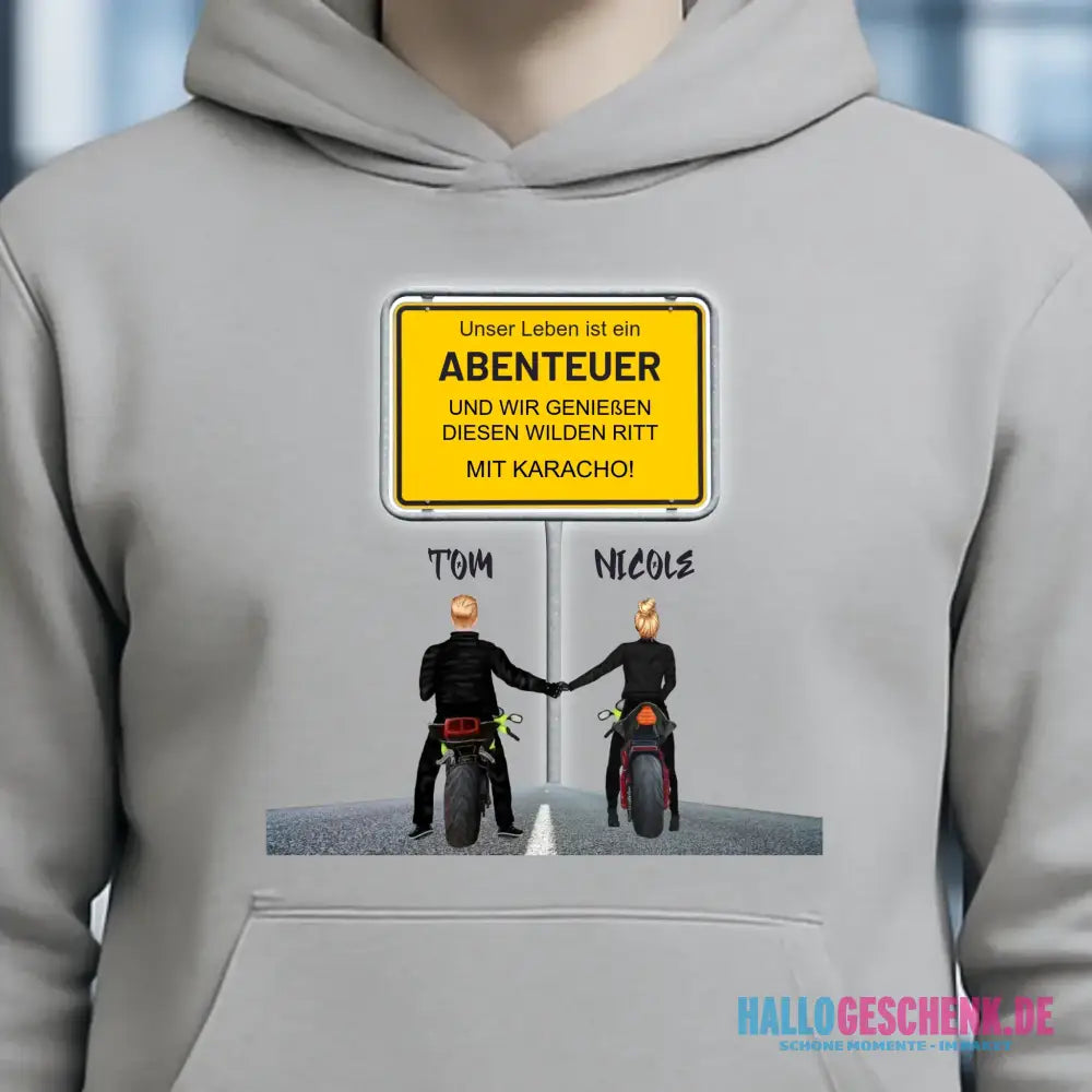 Ortsschild-Designer mit Motorrad-Couple • Unisex Premium Hoodie XS-5XL aus Bio-Baumwolle für Damen & Herren