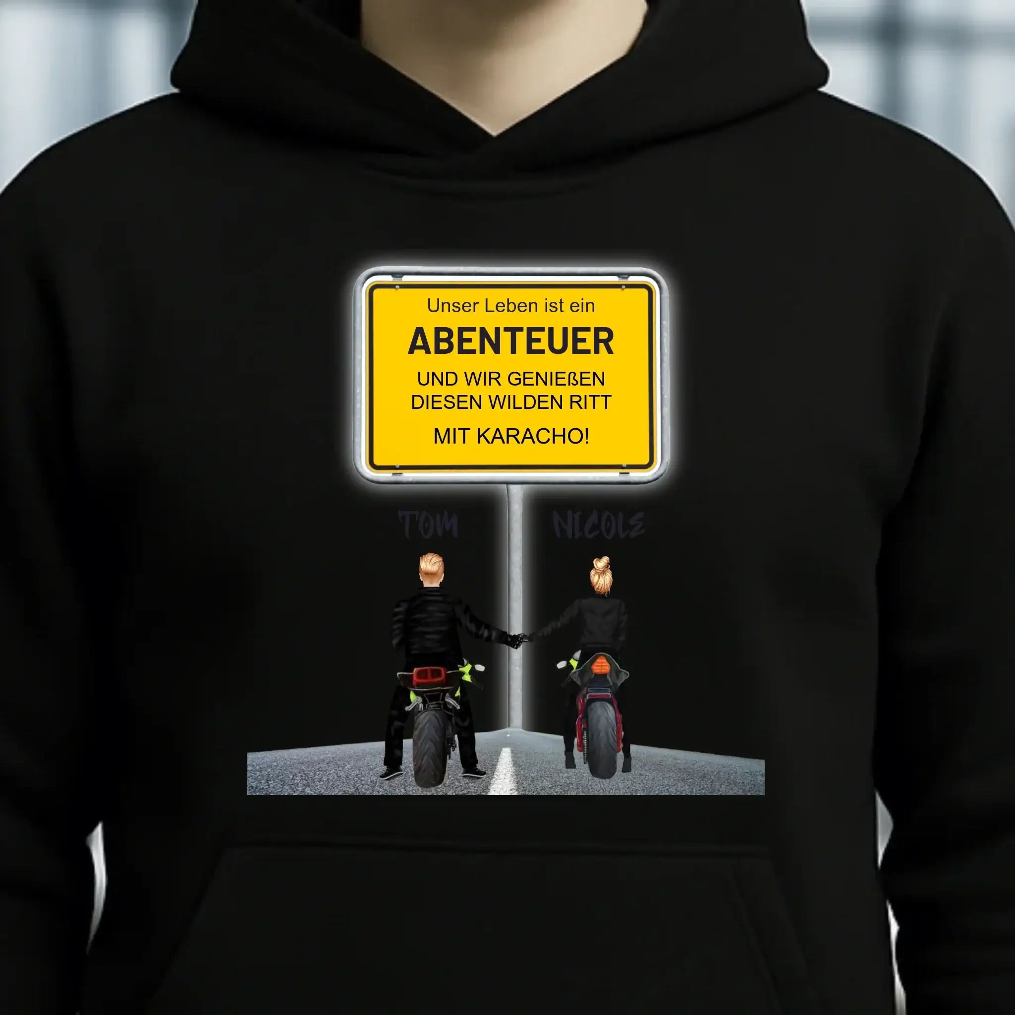 Ortsschild-Designer mit Motorrad-Couple • Unisex Premium Hoodie XS-5XL aus Bio-Baumwolle für Damen & Herren
