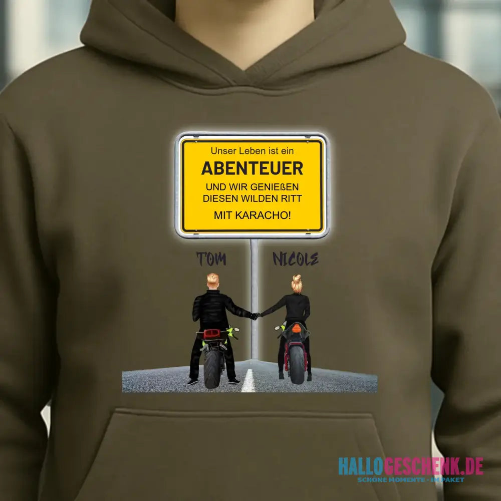 Ortsschild-Designer mit Motorrad-Couple • Unisex Premium Hoodie XS-5XL aus Bio-Baumwolle für Damen & Herren