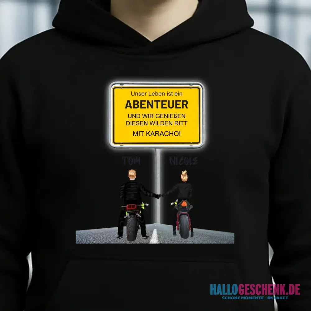 Ortsschild-Designer mit Motorrad-Couple • Unisex Premium Hoodie XS-5XL aus Bio-Baumwolle für Damen & Herren