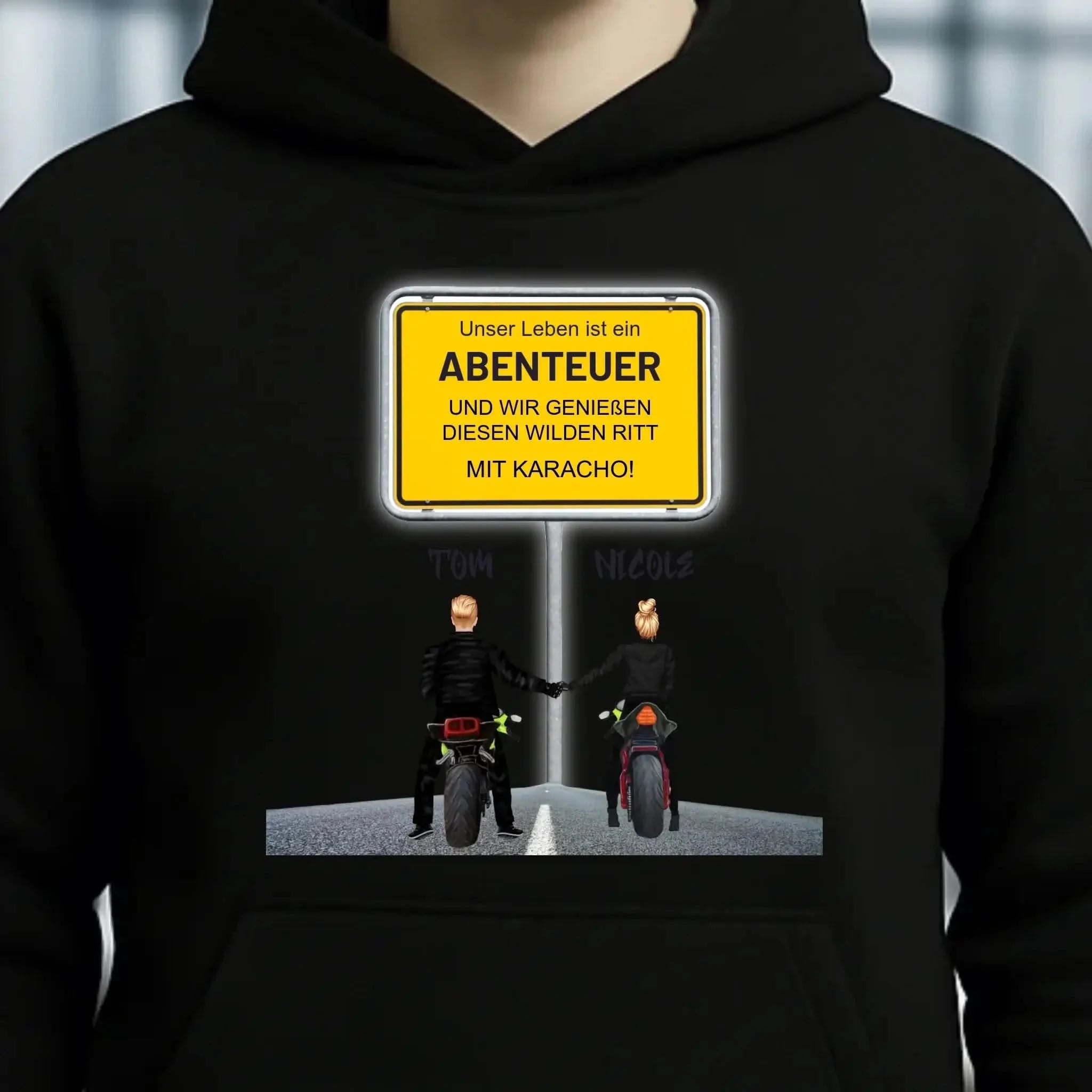 Ortsschild-Designer mit Motorrad-Couple • Unisex Premium Hoodie XS-5XL aus Bio-Baumwolle für Damen & Herren