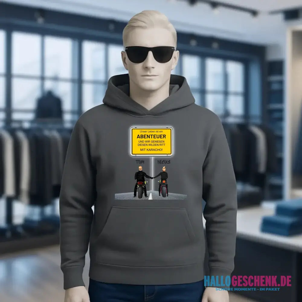Ortsschild-Designer mit Motorrad-Couple • Unisex Premium Hoodie XS-5XL aus Bio-Baumwolle für Damen & Herren