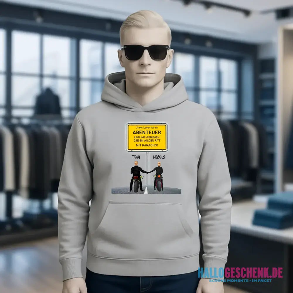 Ortsschild-Designer mit Motorrad-Couple • Unisex Premium Hoodie XS-5XL aus Bio-Baumwolle für Damen & Herren