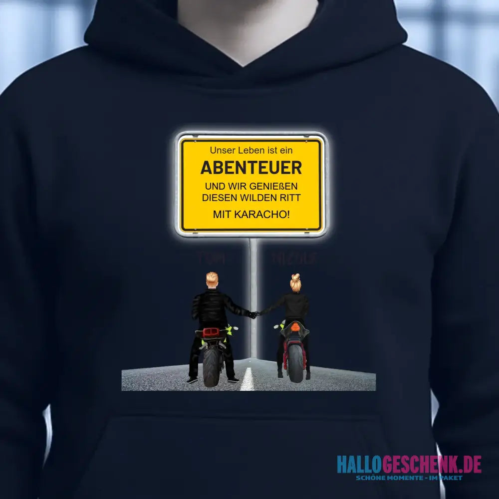 Ortsschild-Designer mit Motorrad-Couple • Unisex Premium Hoodie XS-5XL aus Bio-Baumwolle für Damen & Herren