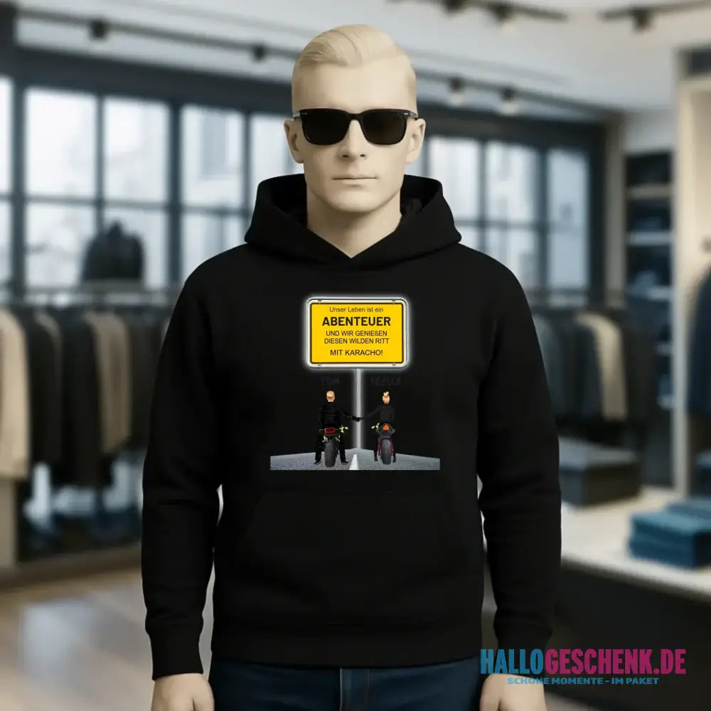 Ortsschild-Designer mit Motorrad-Couple • Unisex Premium Hoodie XS-5XL aus Bio-Baumwolle für Damen & Herren