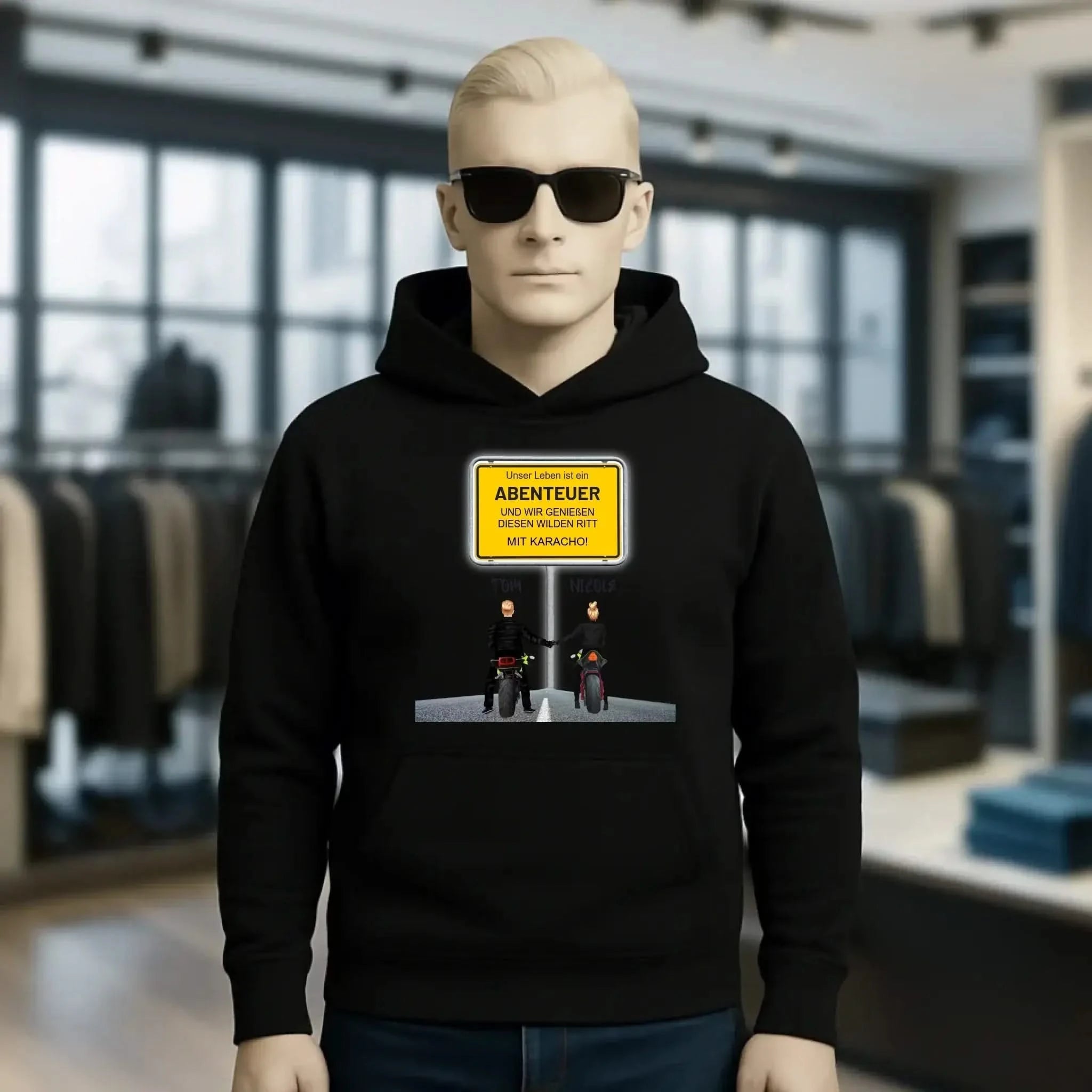 Ortsschild-Designer mit Motorrad-Couple • Unisex Premium Hoodie XS-5XL aus Bio-Baumwolle für Damen & Herren