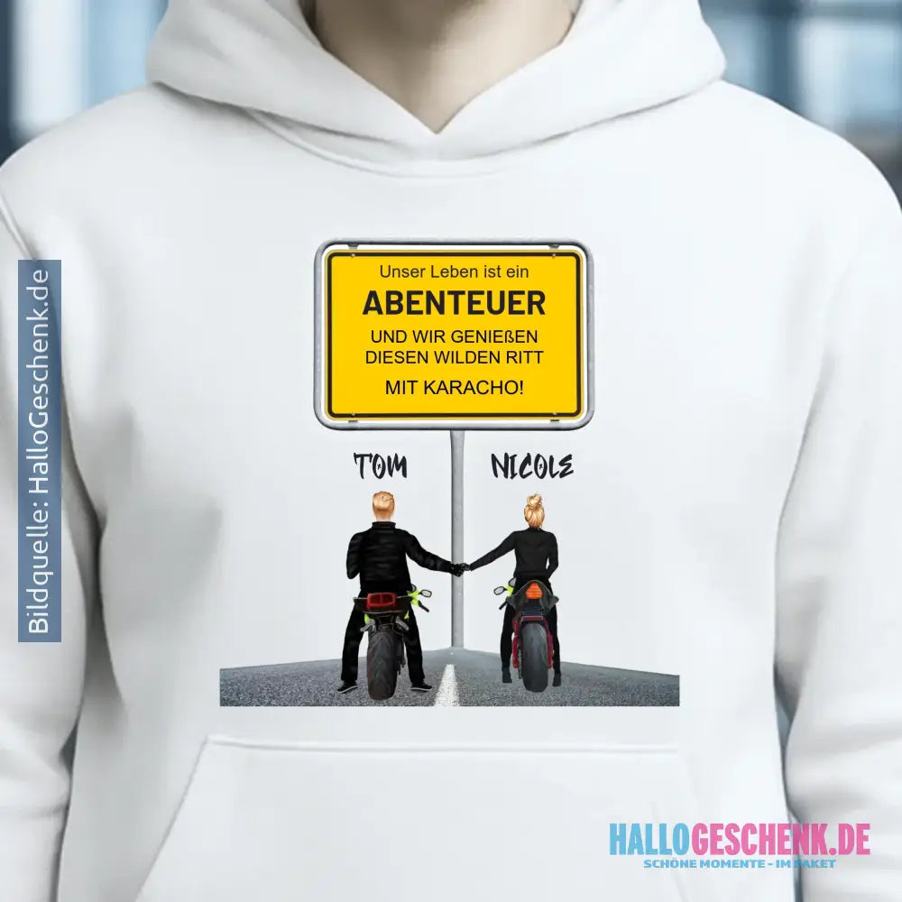 Ortsschild-Designer mit Motorrad-Couple • Unisex Premium Hoodie XS-5XL aus Bio-Baumwolle für Damen & Herren