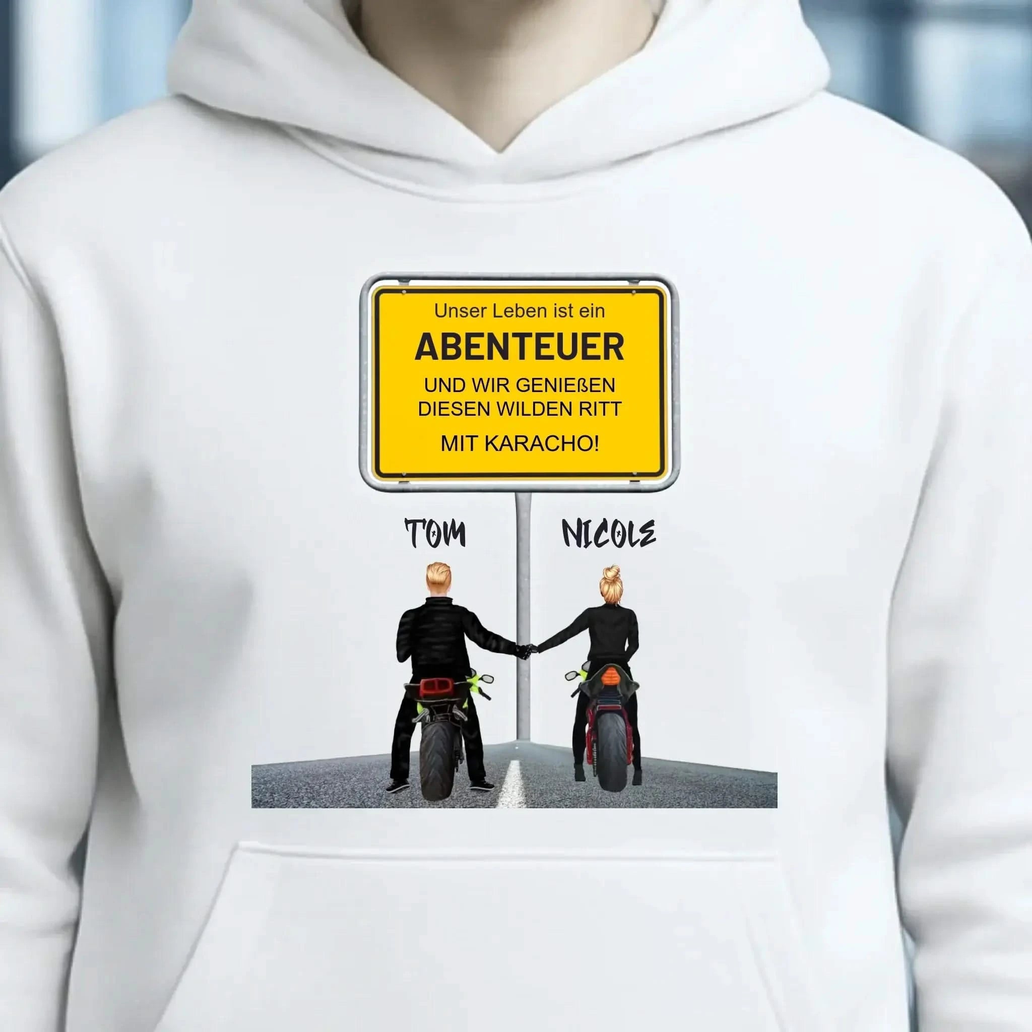 Ortsschild-Designer mit Motorrad-Couple • Unisex Premium Hoodie XS-5XL aus Bio-Baumwolle für Damen & Herren