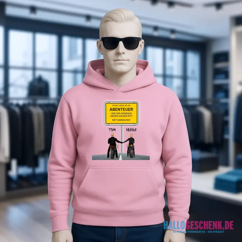 Ortsschild-Designer mit Motorrad-Couple • Unisex Premium Hoodie XS-5XL aus Bio-Baumwolle für Damen & Herren