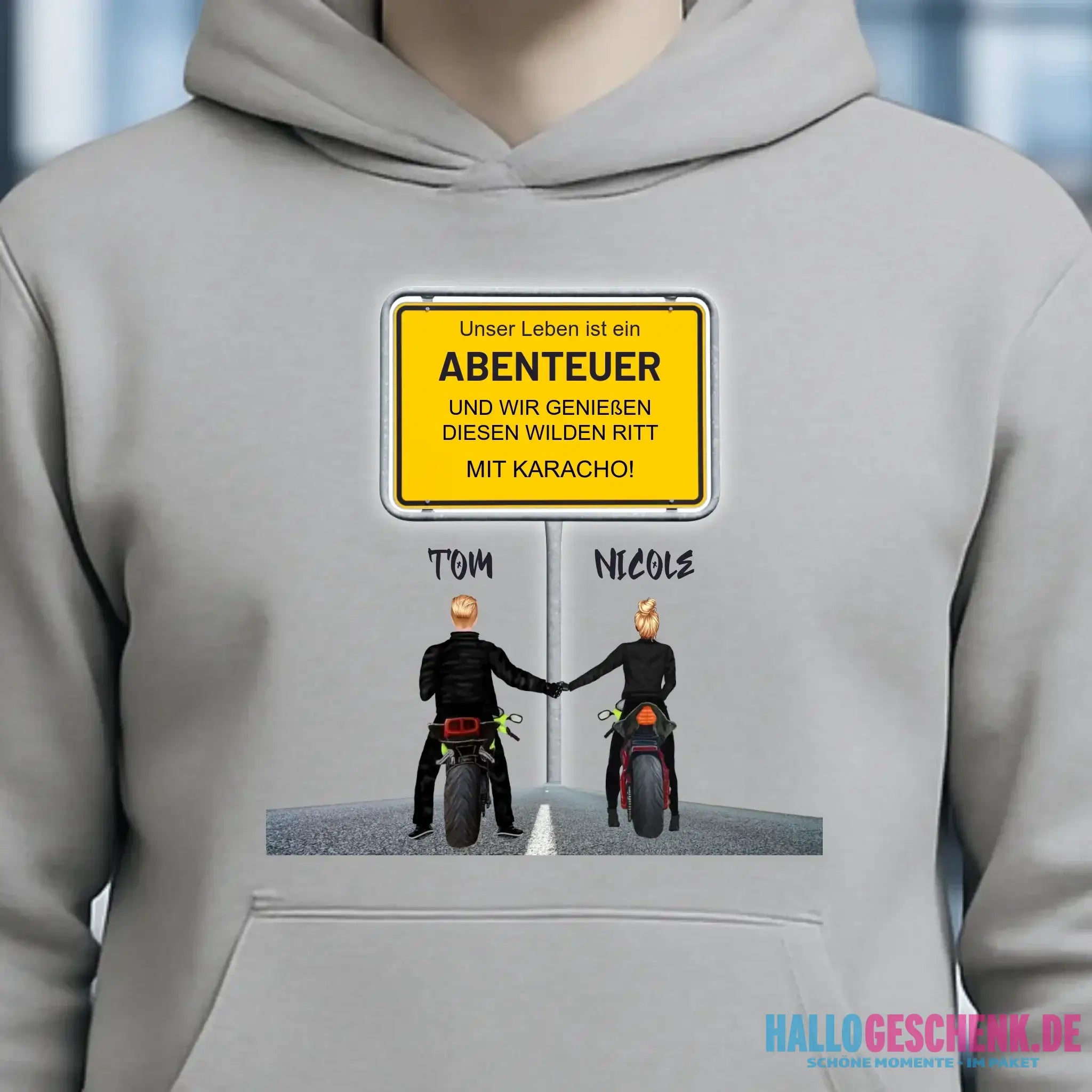Ortsschild-Designer mit Motorrad-Couple • Unisex Premium Hoodie XS-5XL aus Bio-Baumwolle für Damen & Herren