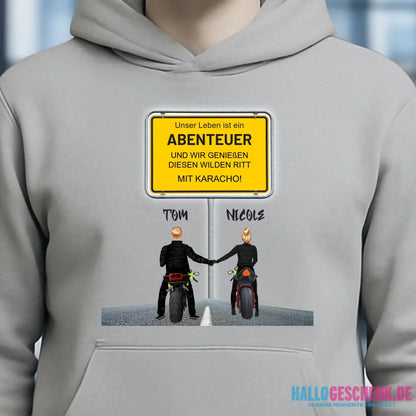 Ortsschild-Designer mit Motorrad-Couple • Unisex Premium Hoodie XS-5XL aus Bio-Baumwolle für Damen & Herren