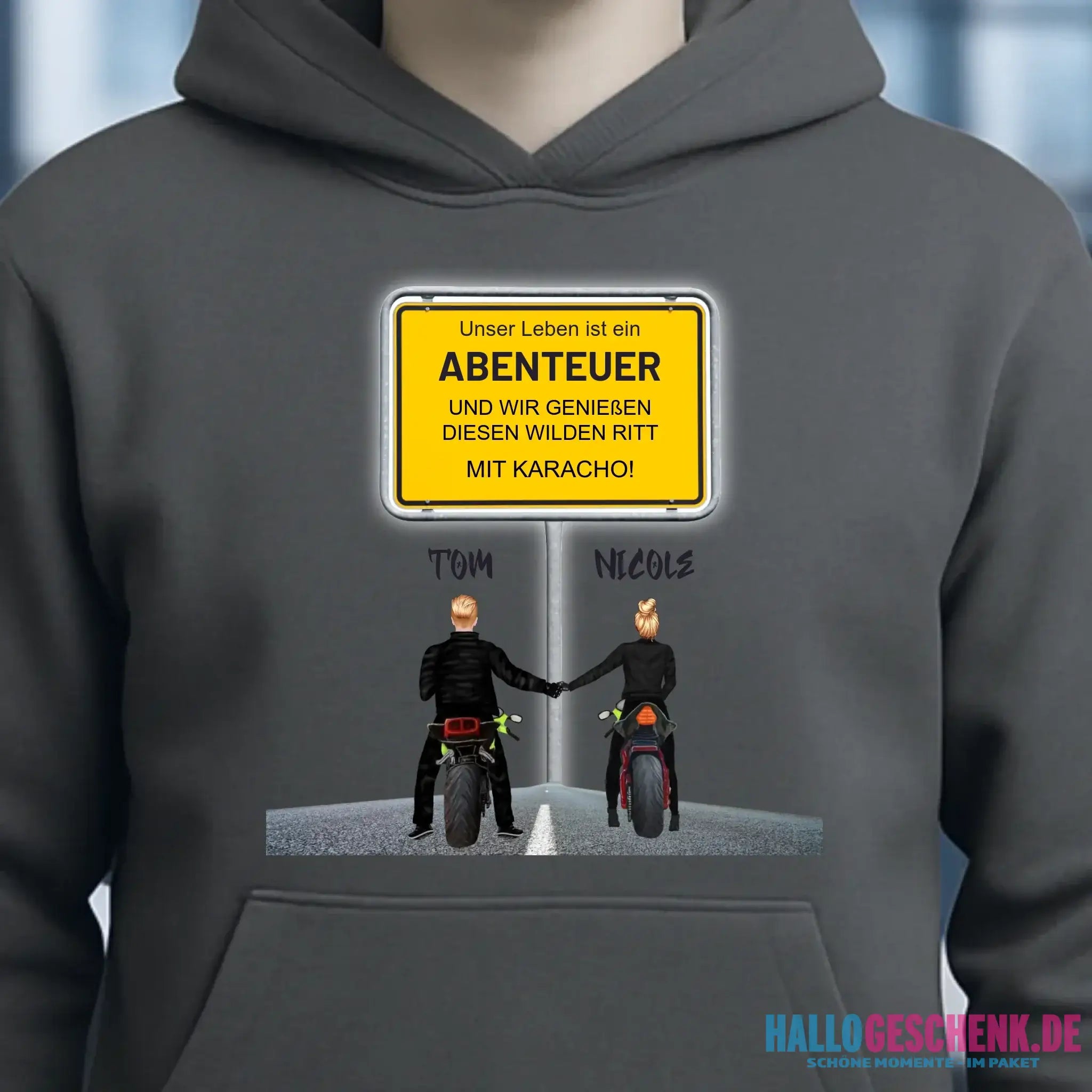 Ortsschild-Designer mit Motorrad-Couple • Unisex Premium Hoodie XS-5XL aus Bio-Baumwolle für Damen & Herren