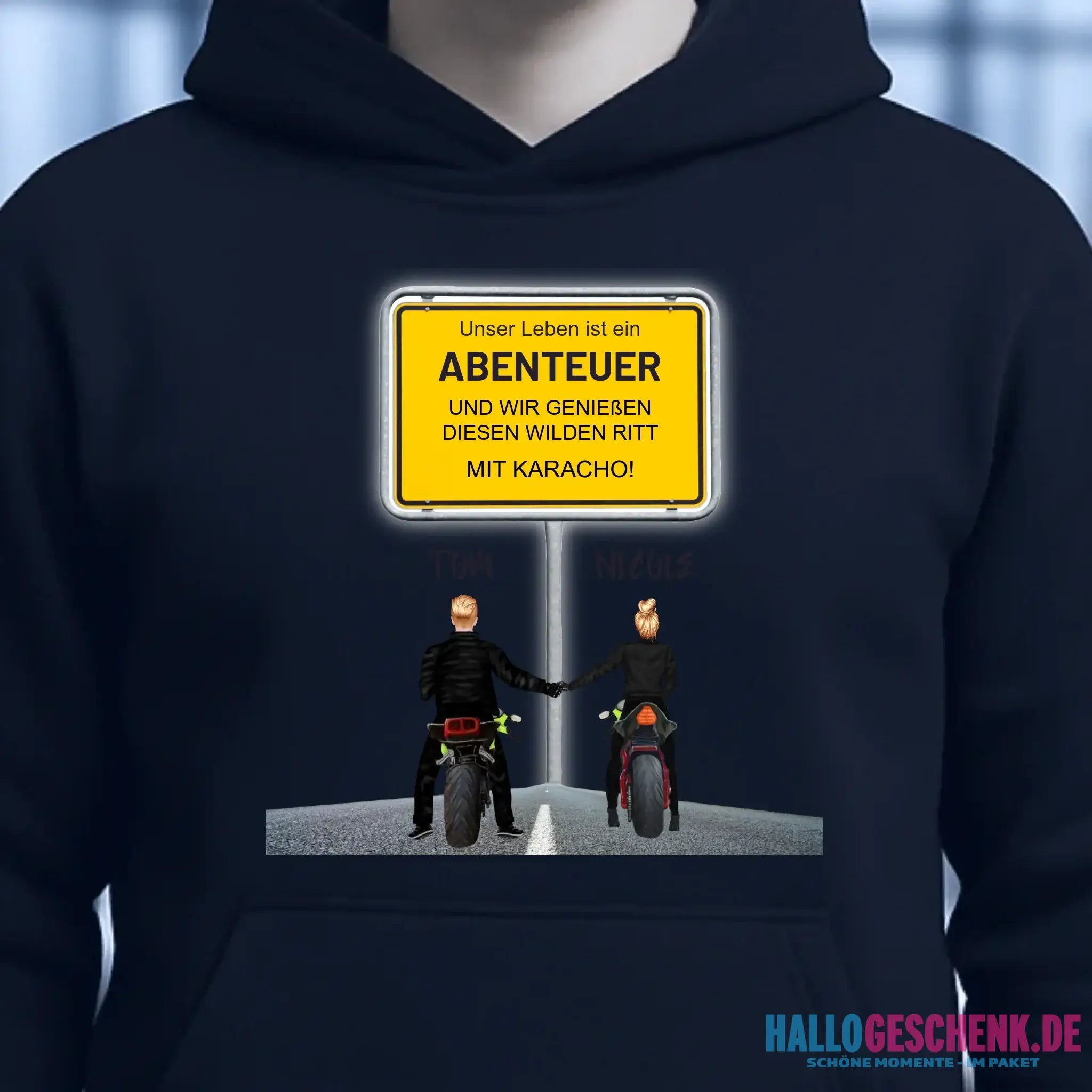 Ortsschild-Designer mit Motorrad-Couple • Unisex Premium Hoodie XS-5XL aus Bio-Baumwolle für Damen & Herren