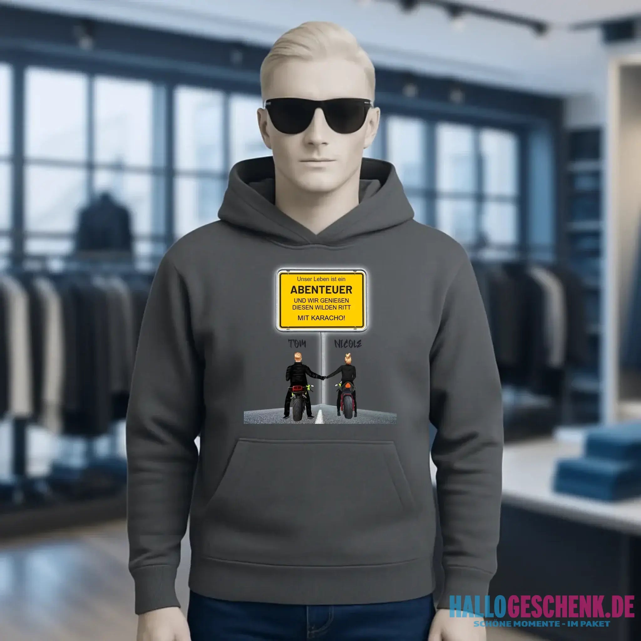 Ortsschild-Designer mit Motorrad-Couple • Unisex Premium Hoodie XS-5XL aus Bio-Baumwolle für Damen & Herren