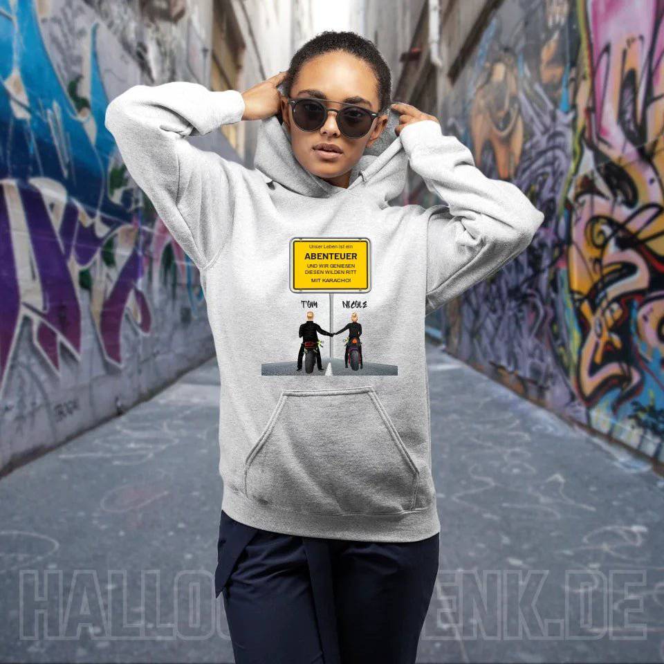 Ortsschild-Designer mit Motorrad-Couple • Unisex Premium Hoodie XS-5XL aus Bio-Baumwolle für Damen & Herren