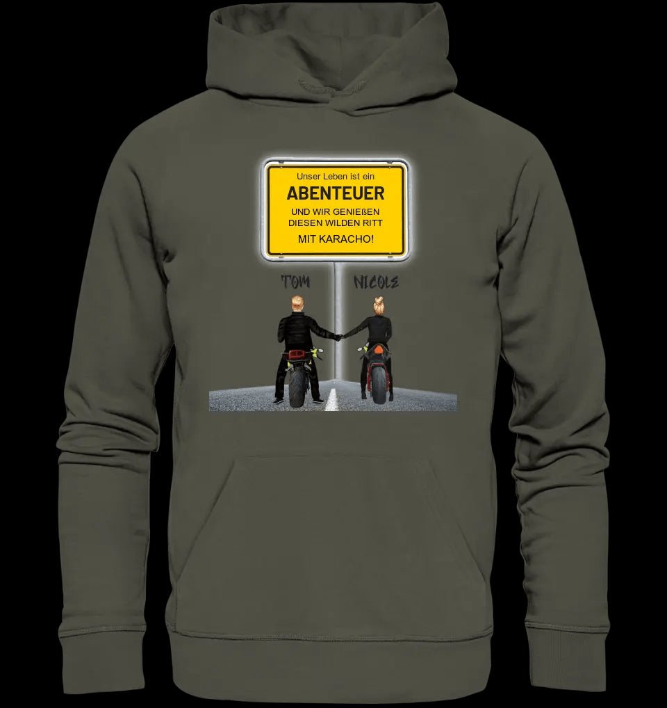 Ortsschild-Designer mit Motorrad-Couple • Unisex Premium Hoodie XS-5XL aus Bio-Baumwolle für Damen & Herren