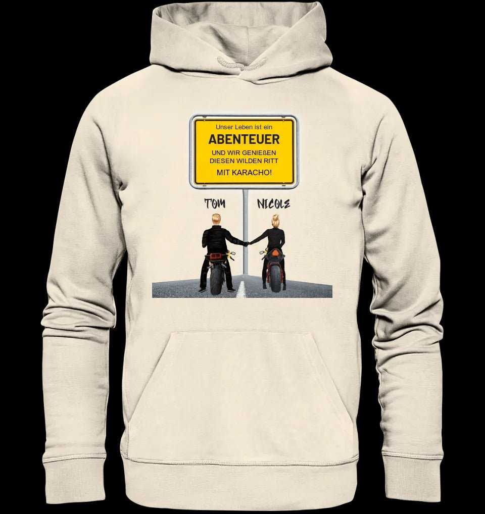 Ortsschild-Designer mit Motorrad-Couple • Unisex Premium Hoodie XS-5XL aus Bio-Baumwolle für Damen & Herren