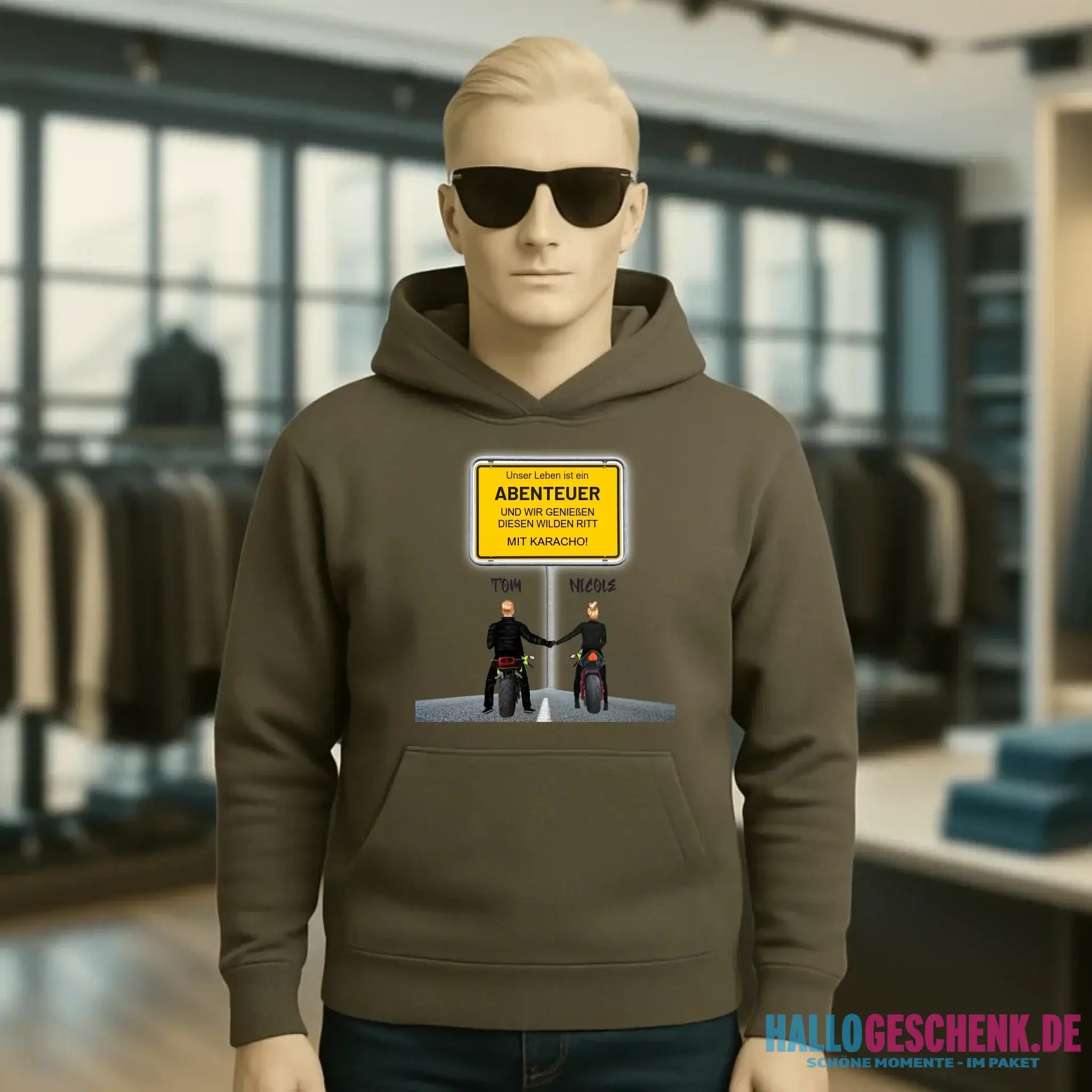 Ortsschild-Designer mit Motorrad-Couple • Unisex Premium Hoodie XS-5XL aus Bio-Baumwolle für Damen & Herren
