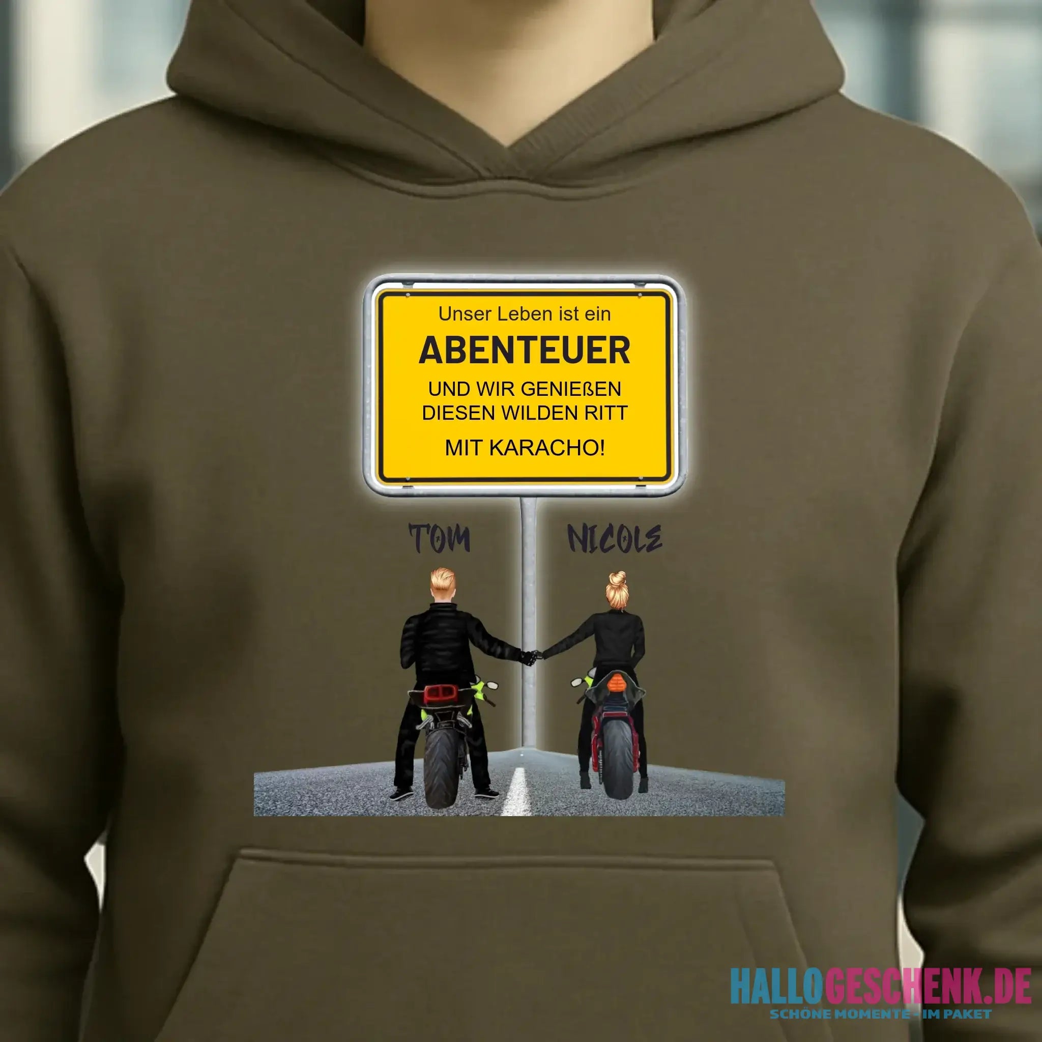 Ortsschild-Designer mit Motorrad-Couple • Unisex Premium Hoodie XS-5XL aus Bio-Baumwolle für Damen & Herren