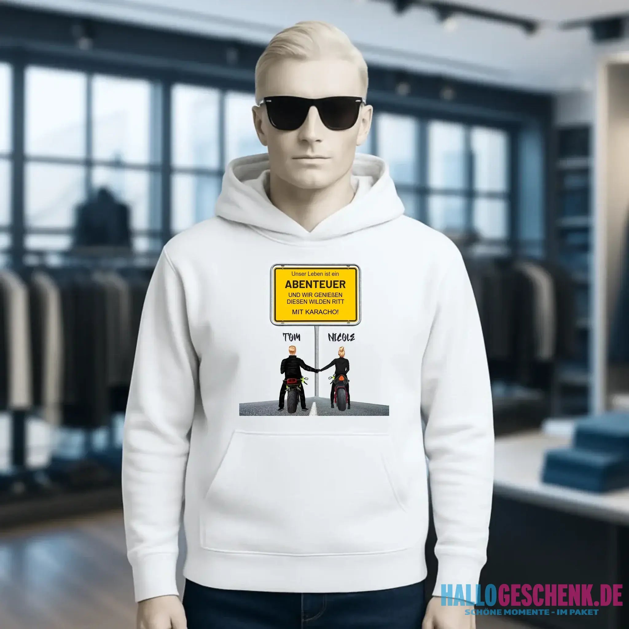 Ortsschild-Designer mit Motorrad-Couple • Unisex Premium Hoodie XS-5XL aus Bio-Baumwolle für Damen & Herren
