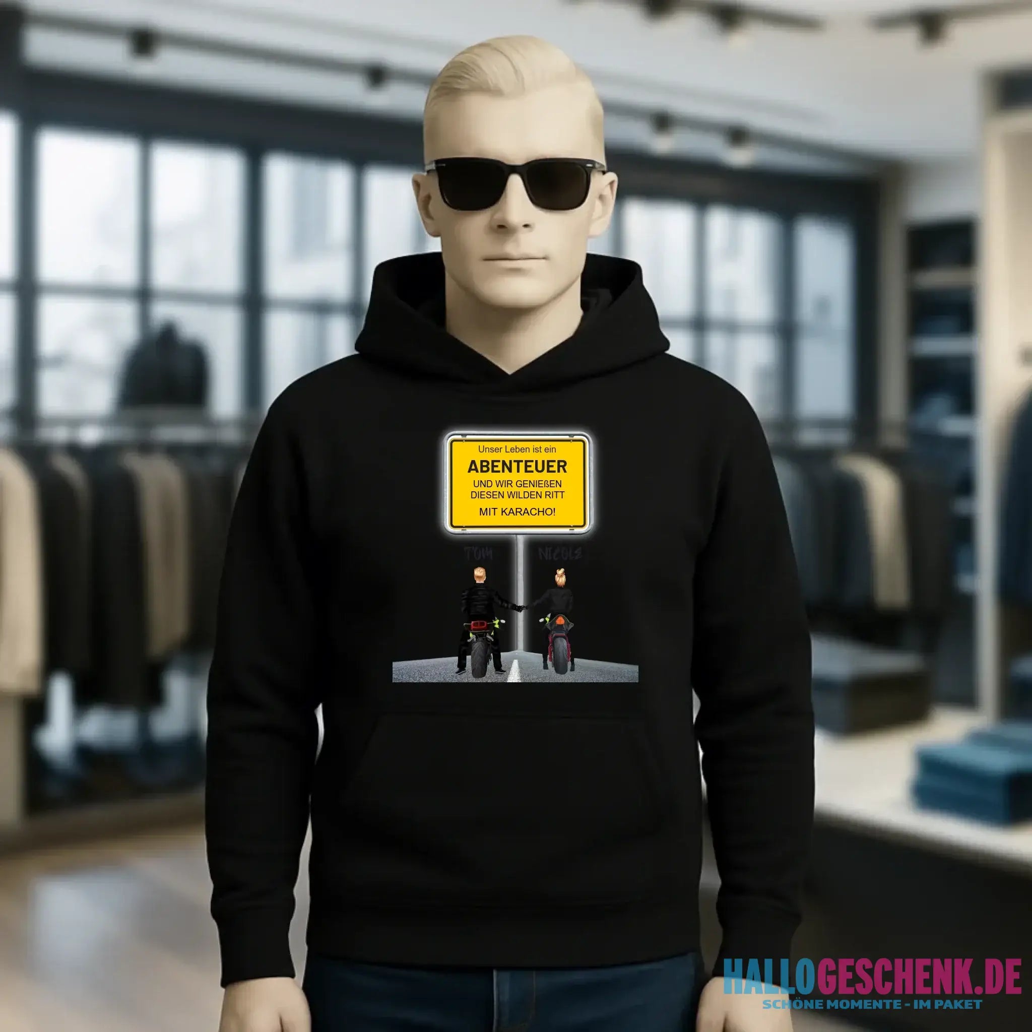 Ortsschild-Designer mit Motorrad-Couple • Unisex Premium Hoodie XS-5XL aus Bio-Baumwolle für Damen & Herren