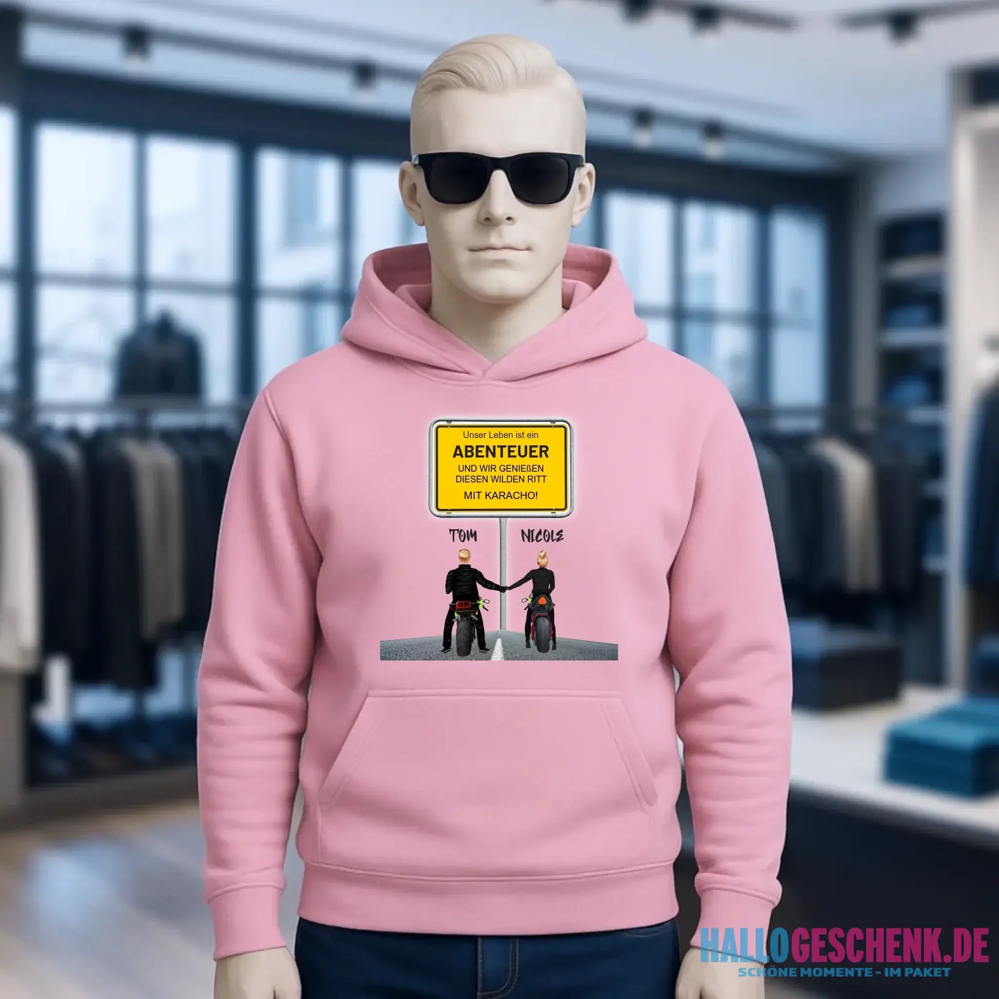 Ortsschild-Designer mit Motorrad-Couple • Unisex Premium Hoodie XS-5XL aus Bio-Baumwolle für Damen & Herren