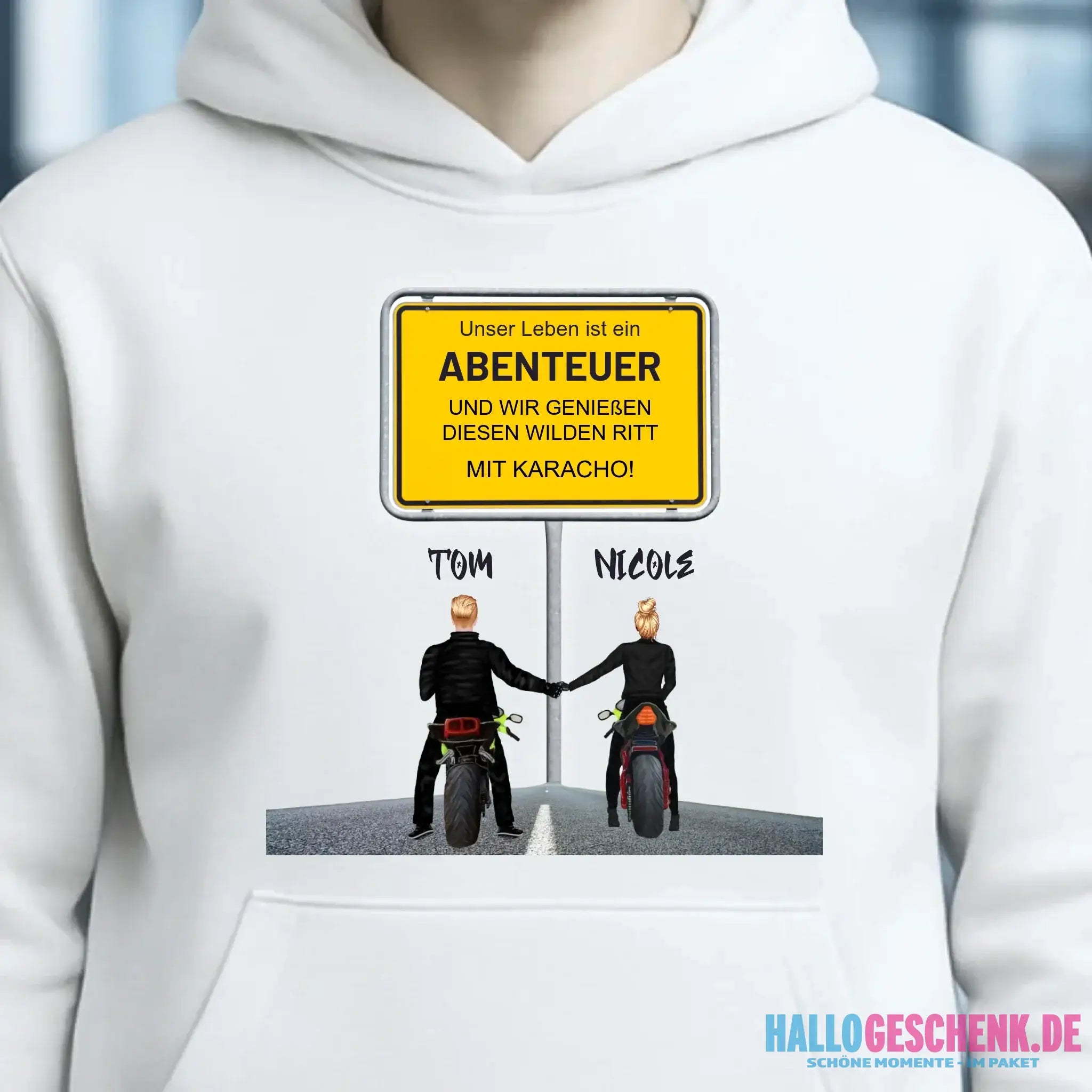 Ortsschild-Designer mit Motorrad-Couple • Unisex Premium Hoodie XS-5XL aus Bio-Baumwolle für Damen & Herren