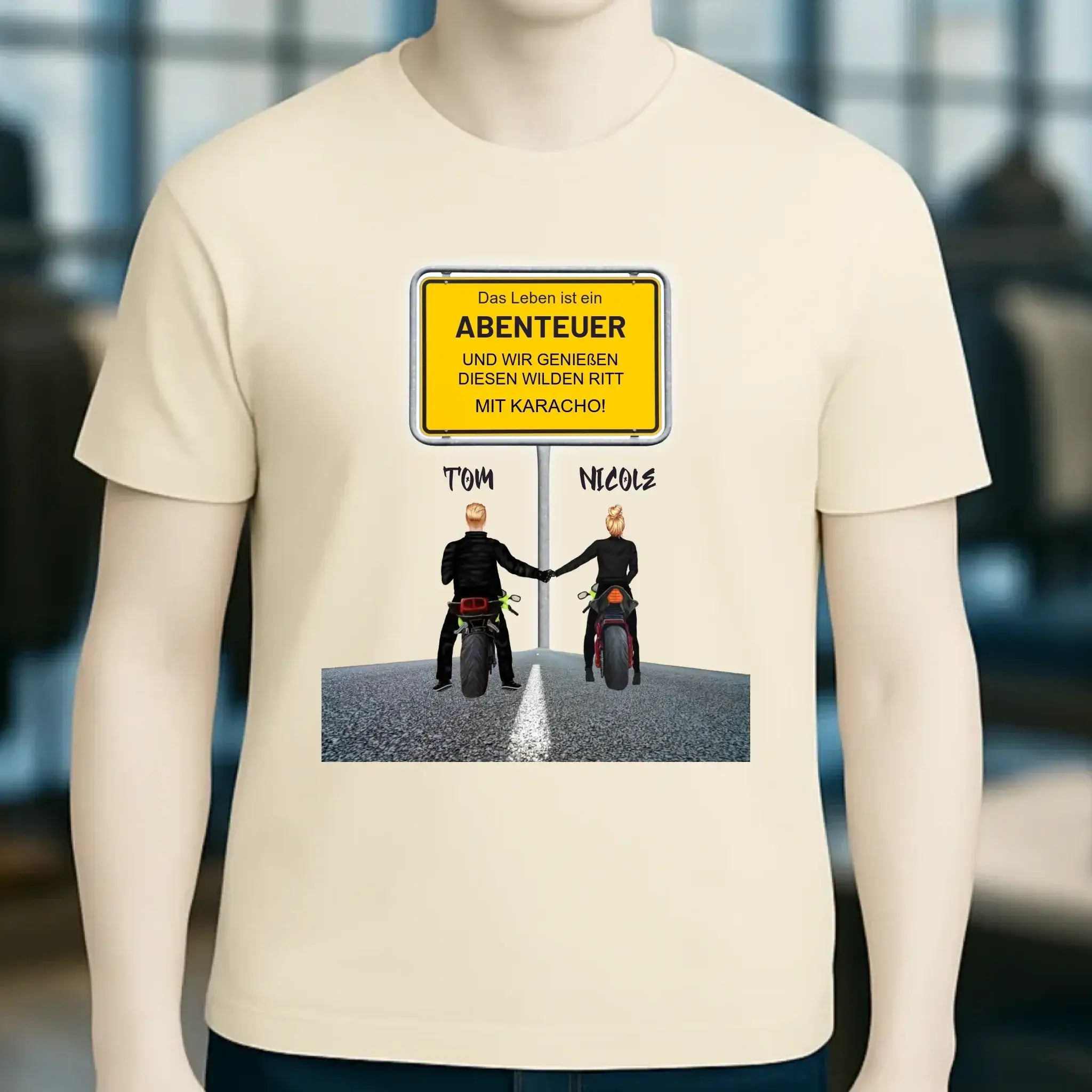 Ortsschild-Designer mit Motorrad-Couple • Unisex Premium T-Shirt XS-5XL aus Bio-Baumwolle für Damen & Herren