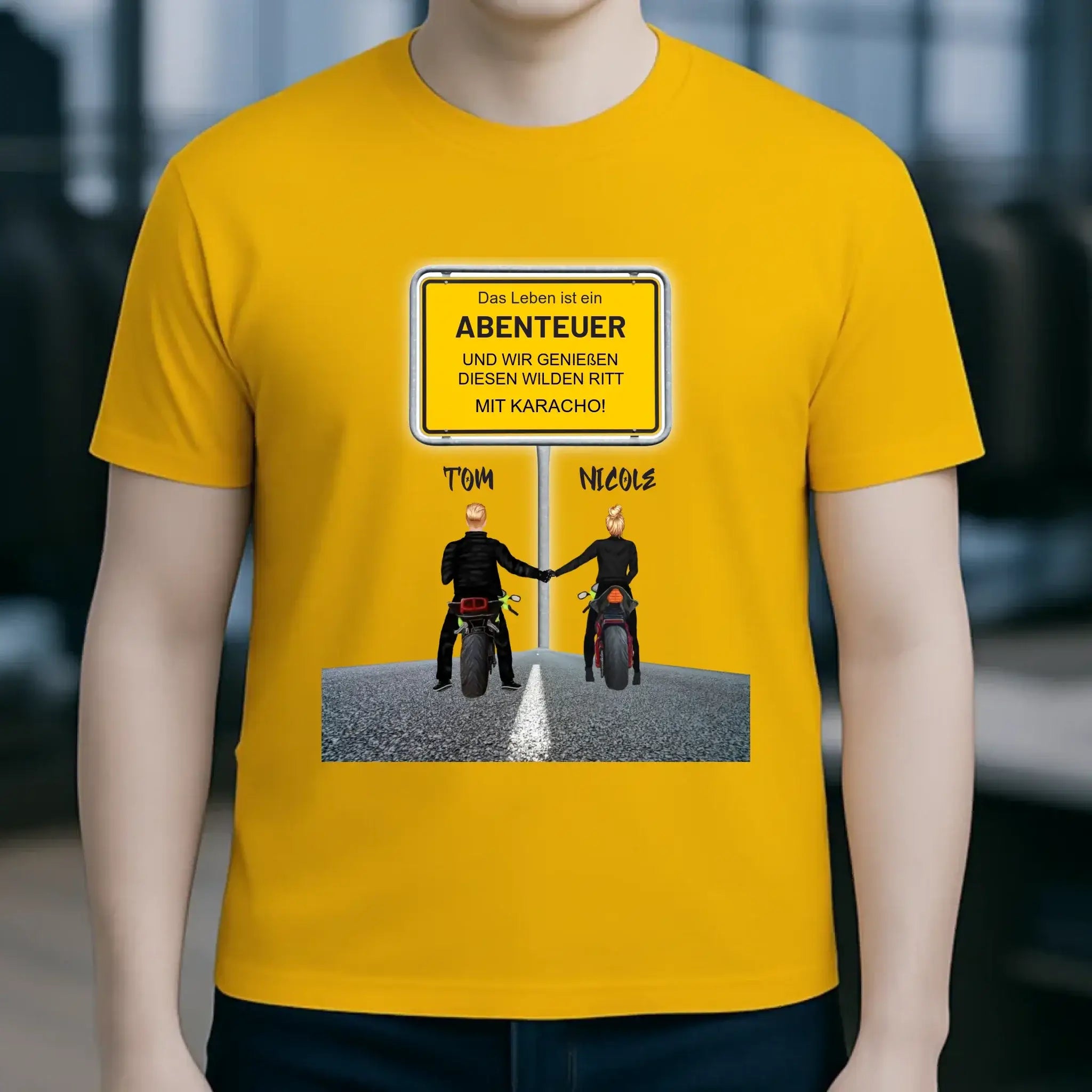 Ortsschild-Designer mit Motorrad-Couple • Unisex Premium T-Shirt XS-5XL aus Bio-Baumwolle für Damen & Herren