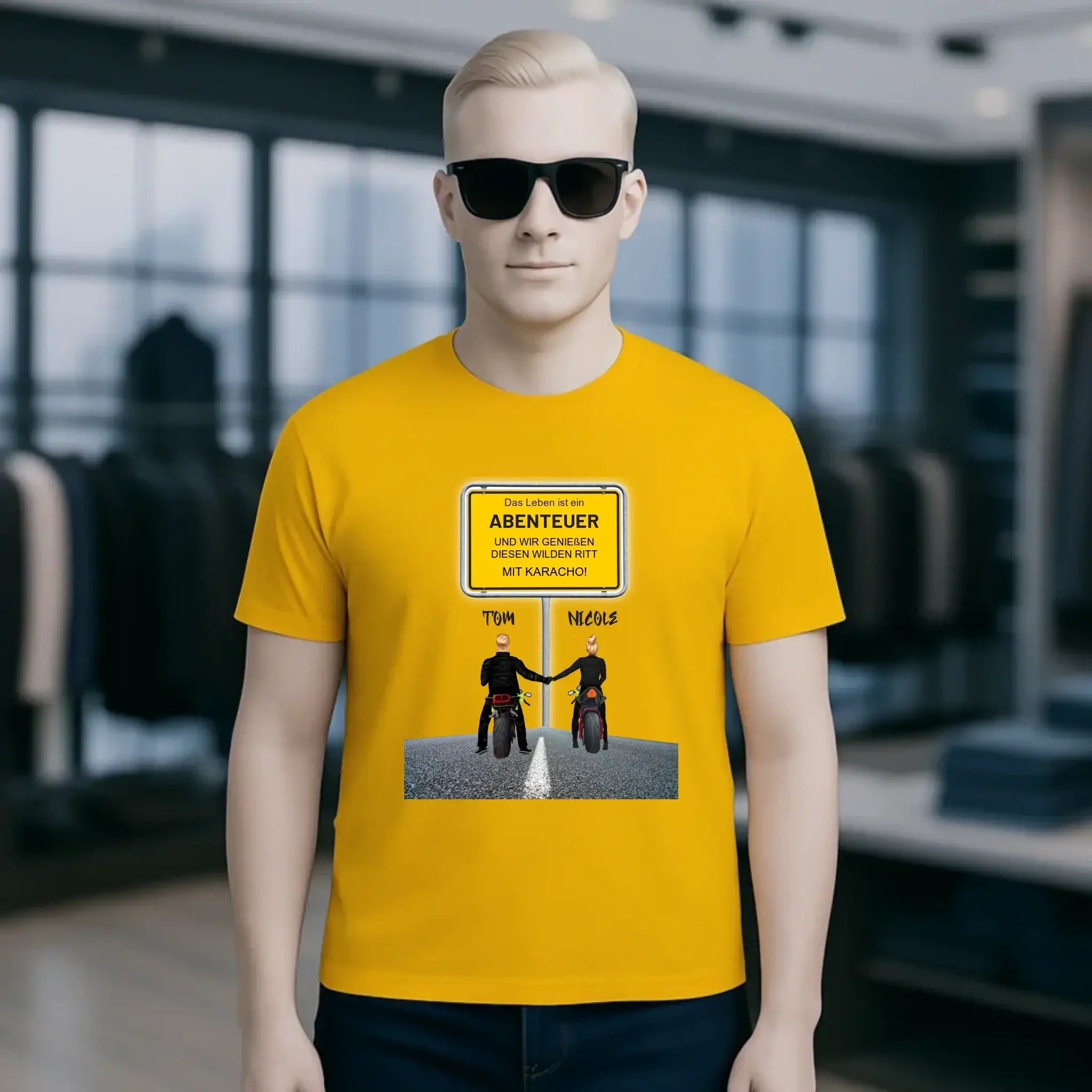 Ortsschild-Designer mit Motorrad-Couple • Unisex Premium T-Shirt XS-5XL aus Bio-Baumwolle für Damen & Herren