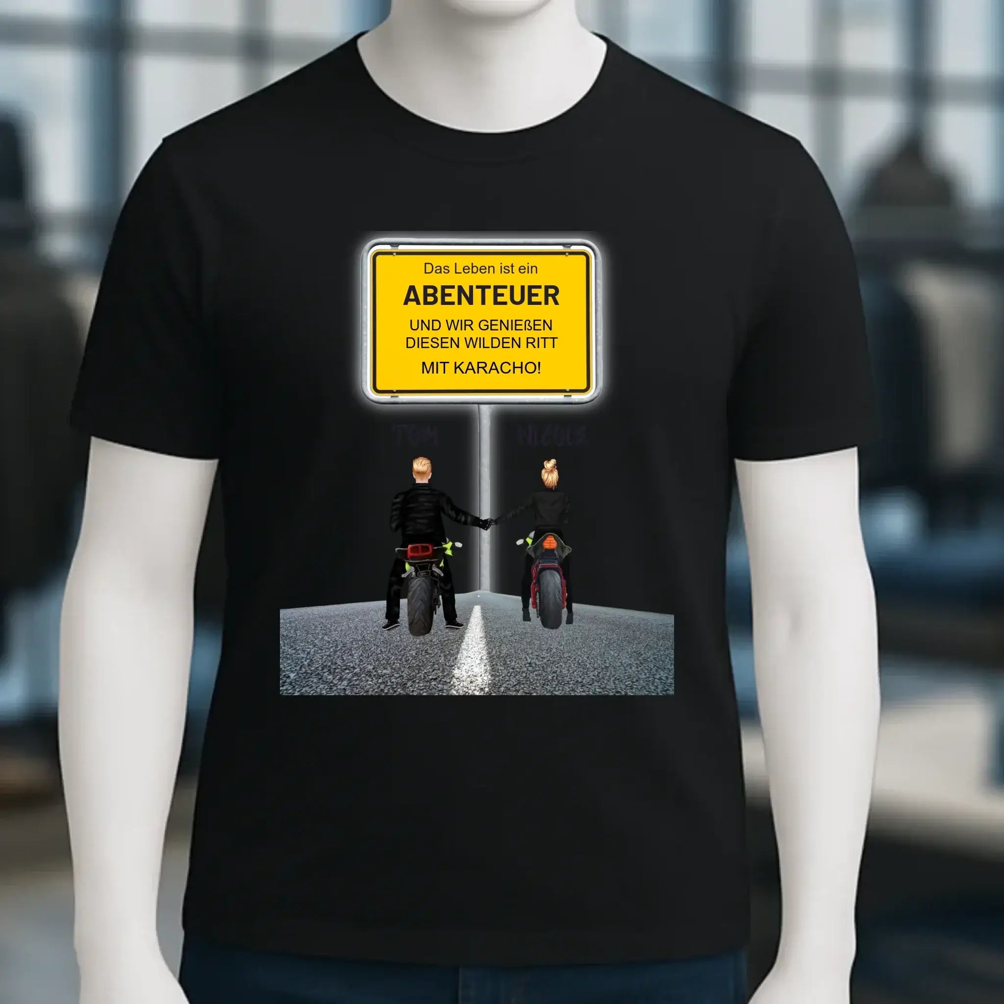 Ortsschild-Designer mit Motorrad-Couple • Unisex Premium T-Shirt XS-5XL aus Bio-Baumwolle für Damen & Herren